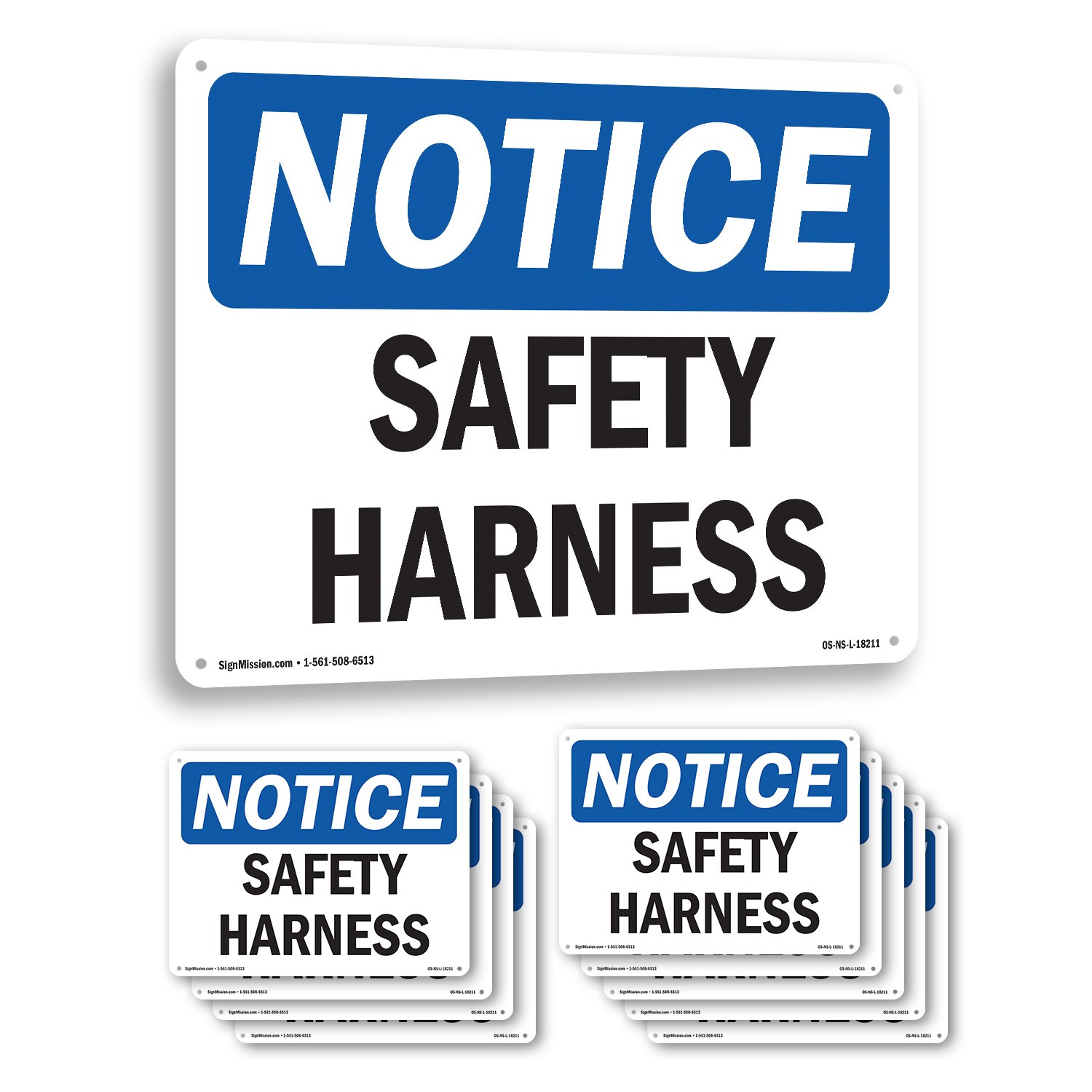 Safety Harness OSHA Notice Sign Metal, Plastic, Or Decal – 5 or 10 Pack