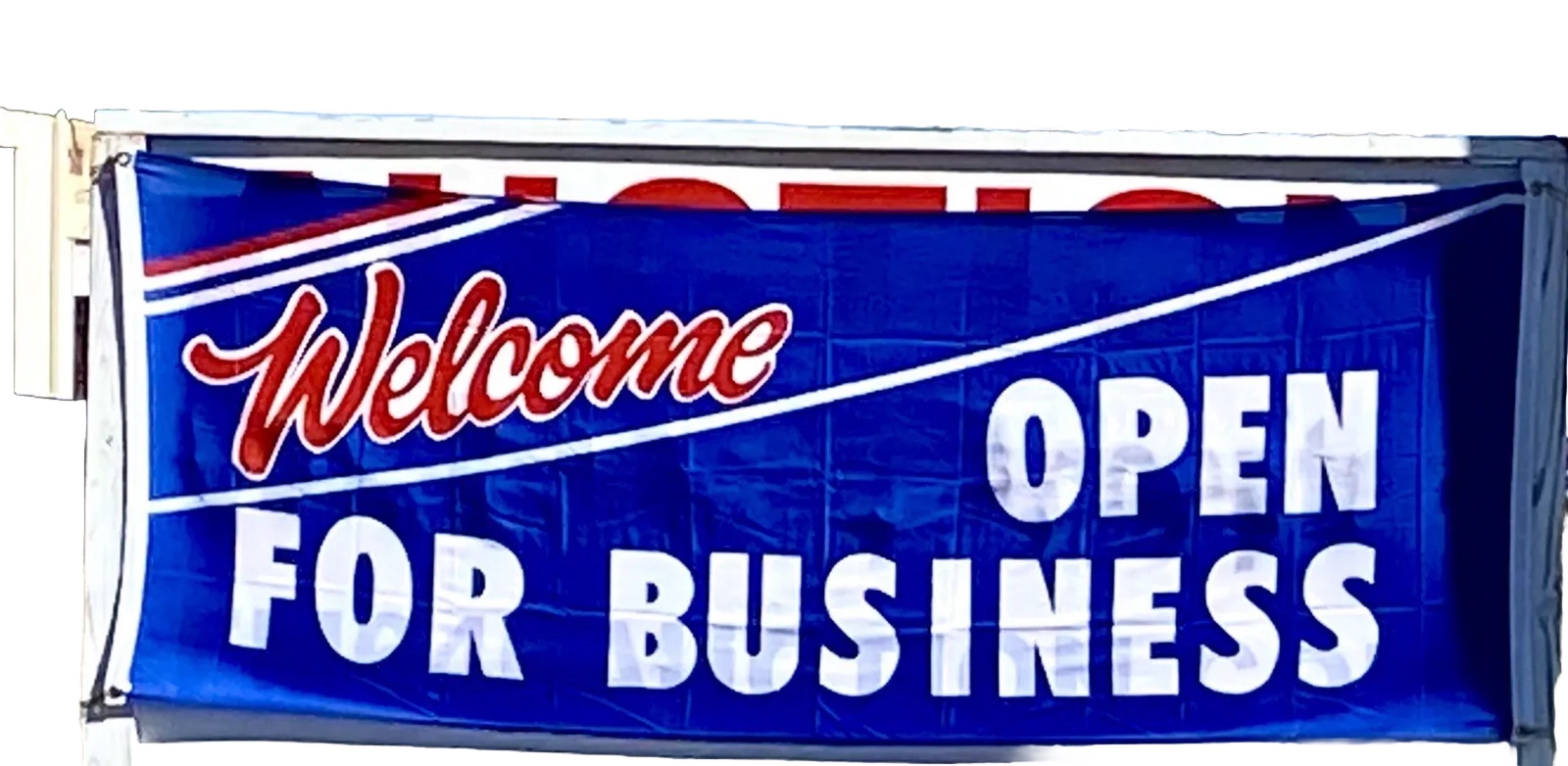 Welcome Open For Business Banner 8×3 Feet With Gold Tone Grommets In Corners