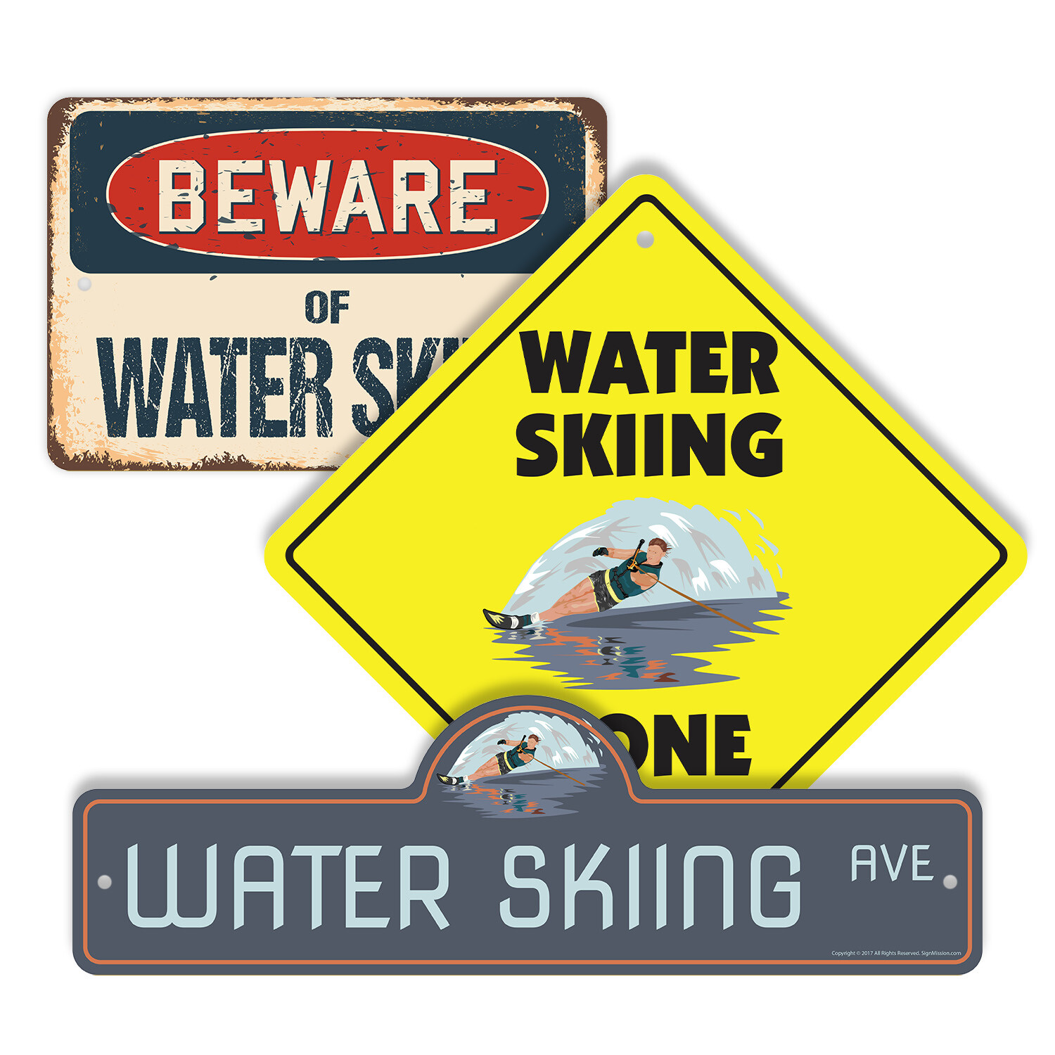 Water Skiing (3 Pack) Plastic Street Sign Crossing Warning Vintage Rustic Beware