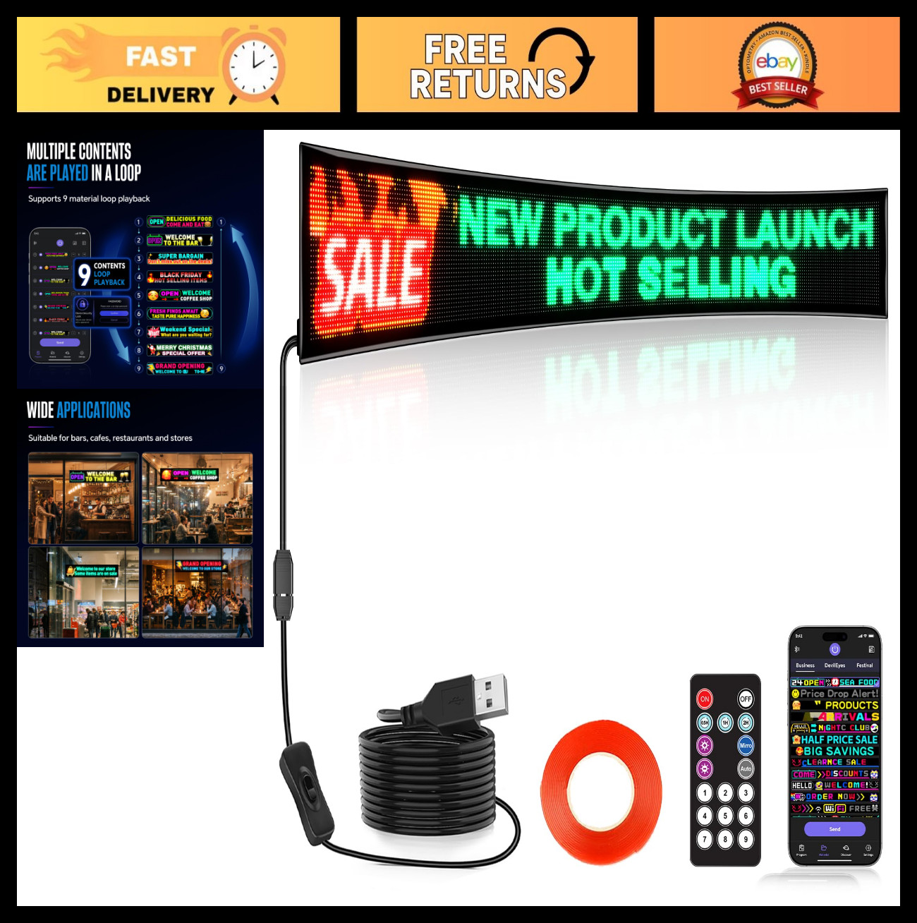 Customizable Full Color LED Sign 33″x6.3″ – Bluetooth APP Control, Scrolling Tex