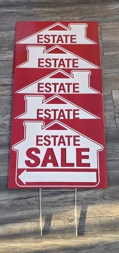 Five Large (16″ x 12″) Estate Sale – Red & White – Yard Signs with Stands –