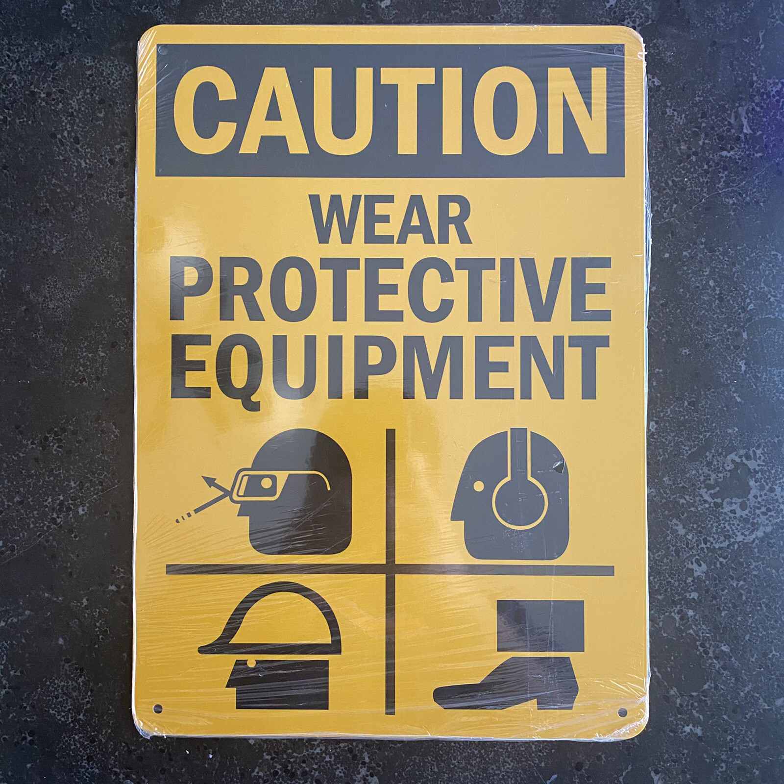 (1)Caution Wear Protective Equipment Metal Sign Yellow Workshop Sign Safety Sign