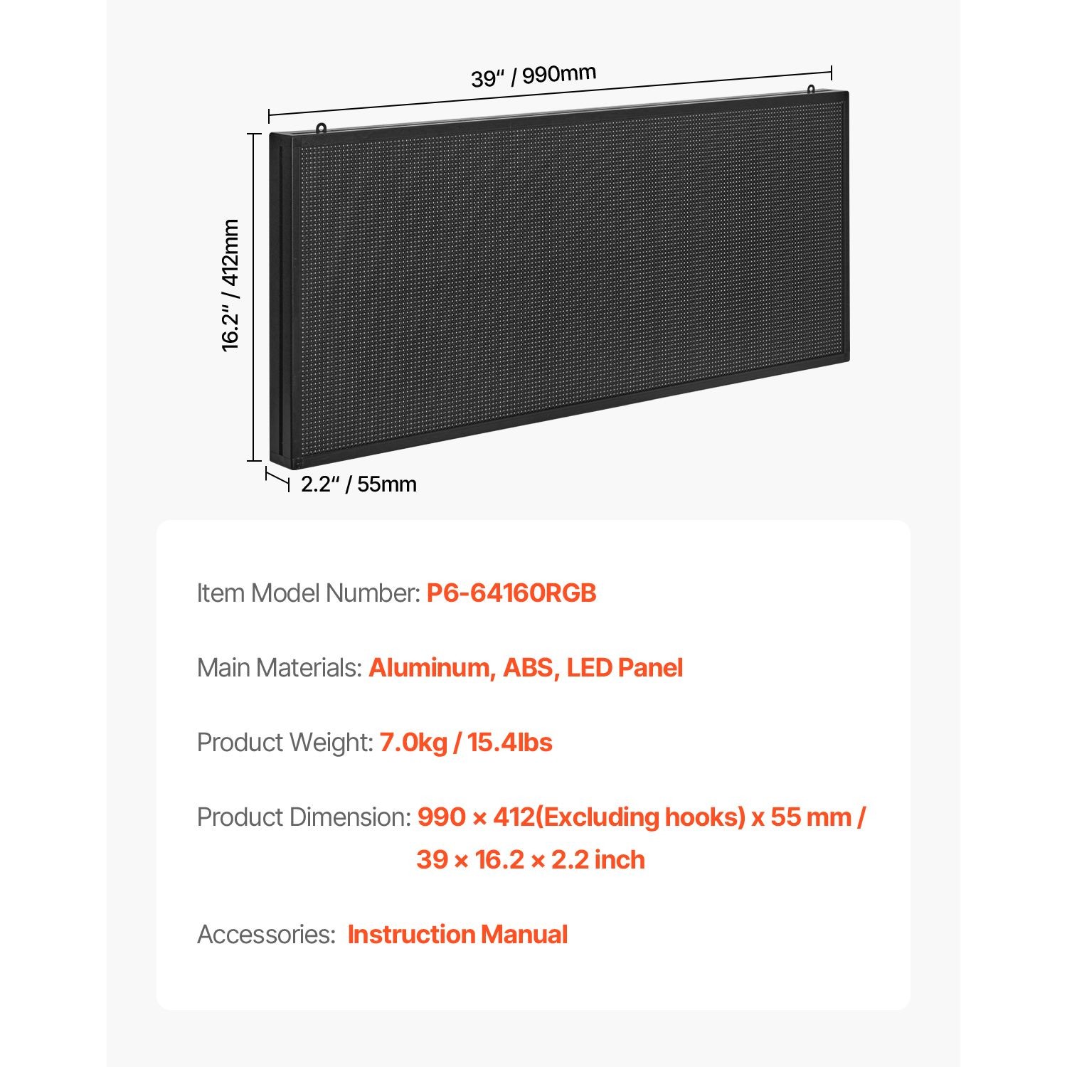 40x18in Programmable LED Panel, Text/GIF/Time/Date Display