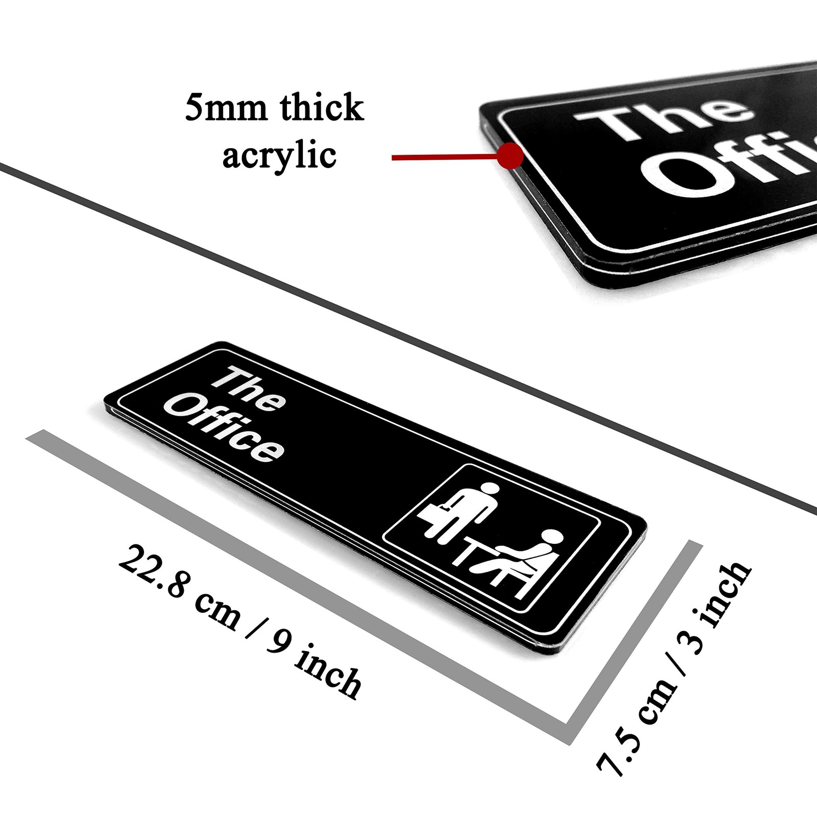 The Office Sign Self-Adhesive Acrylic Sign for Door or Wall 9 X 3 Inch Name Plat