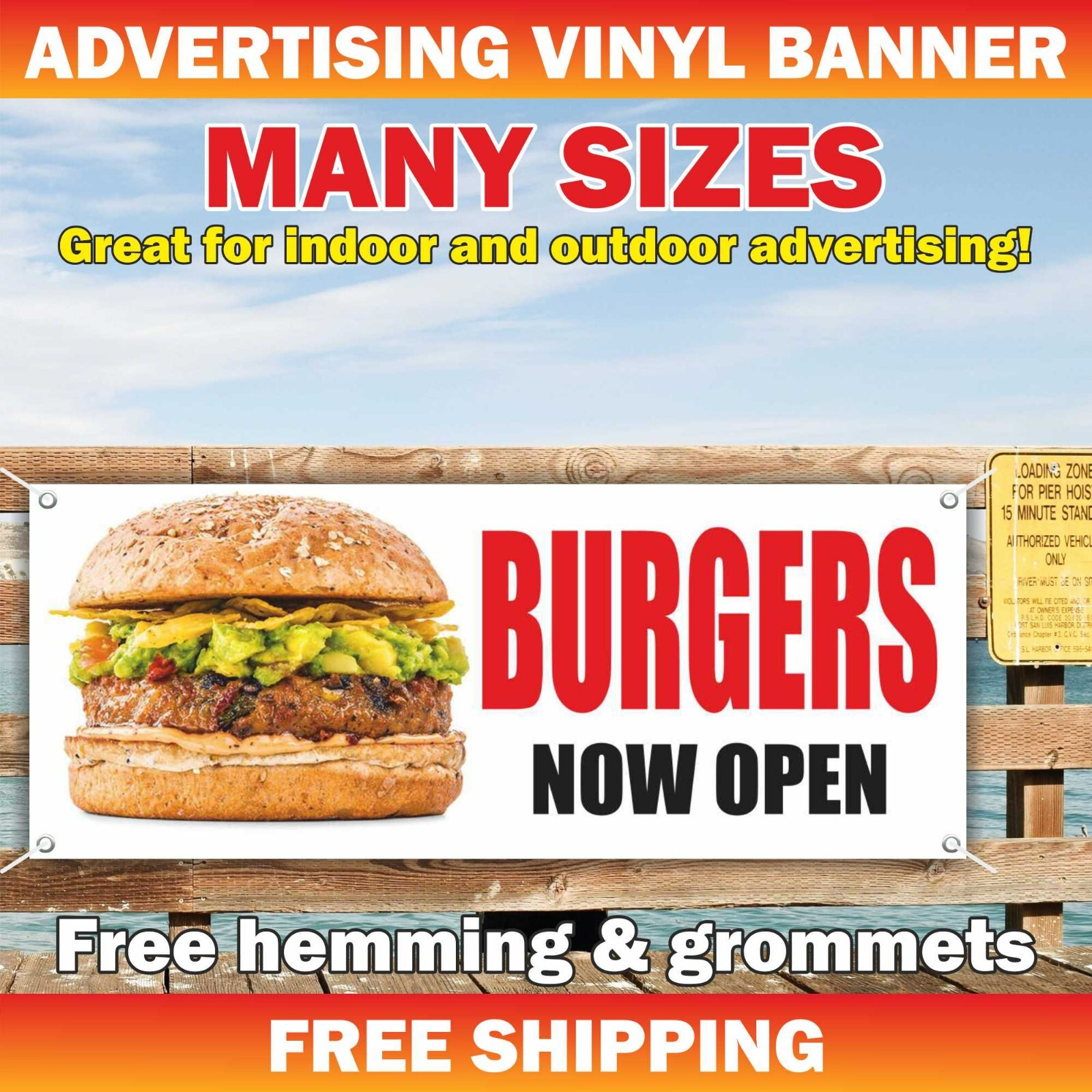 BURGERS NOW OPEN Advertising Banner Vinyl Mesh Sign Cheesecake Food Restaurant