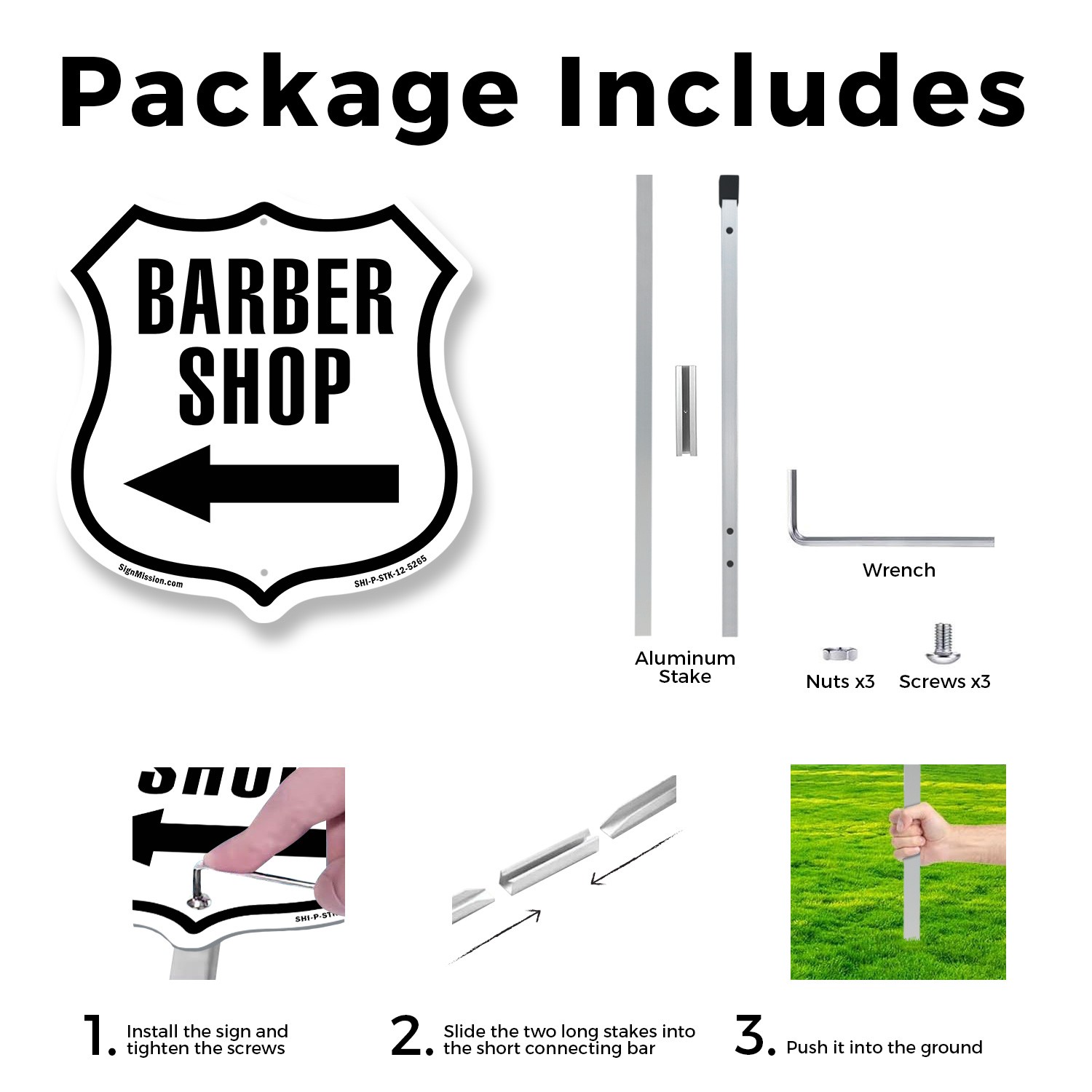 Barber Shop Left Arrow Shield Shaped Sign With Stake Crafted in the USA