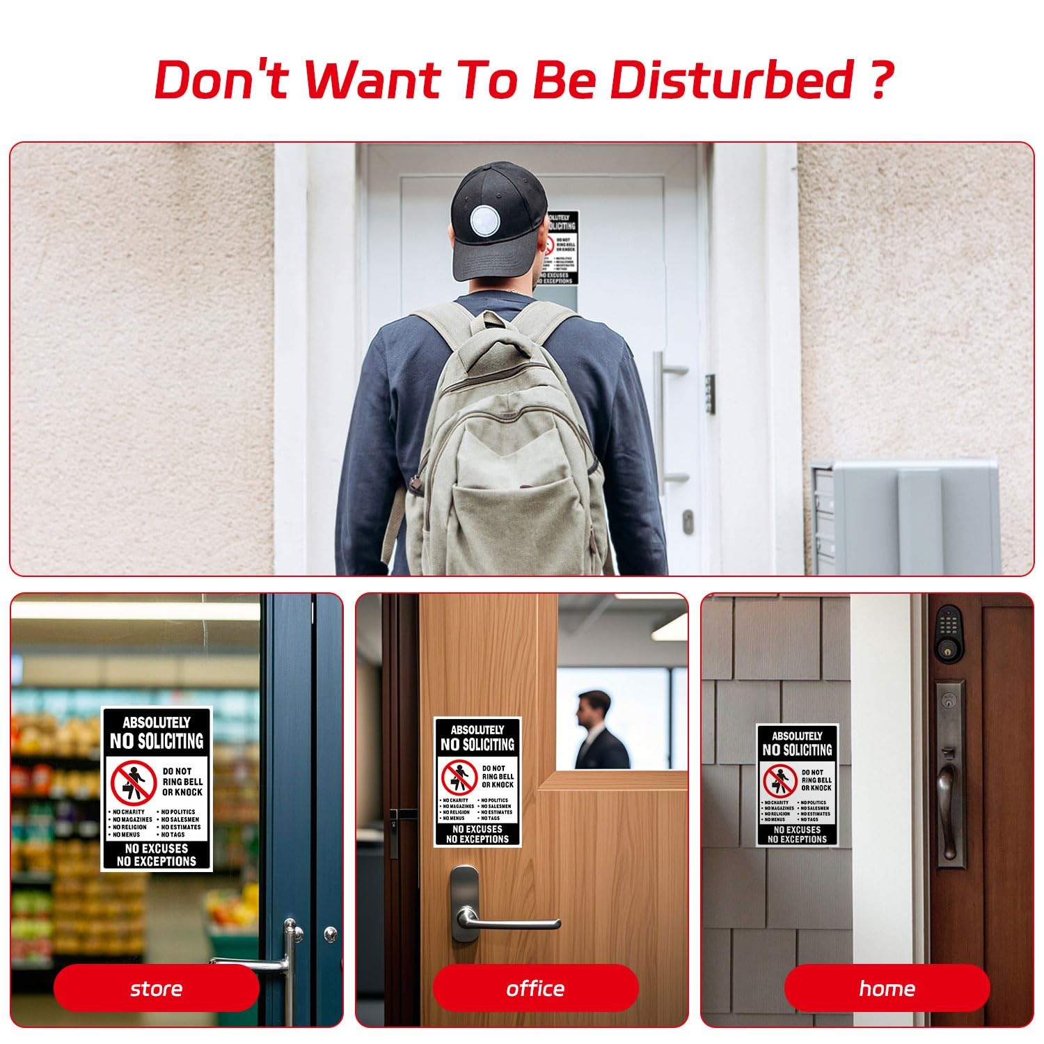 No Soliciting Sign for Front Door, 3 Pack 6x4Inch Reflective Vinyl Stickers