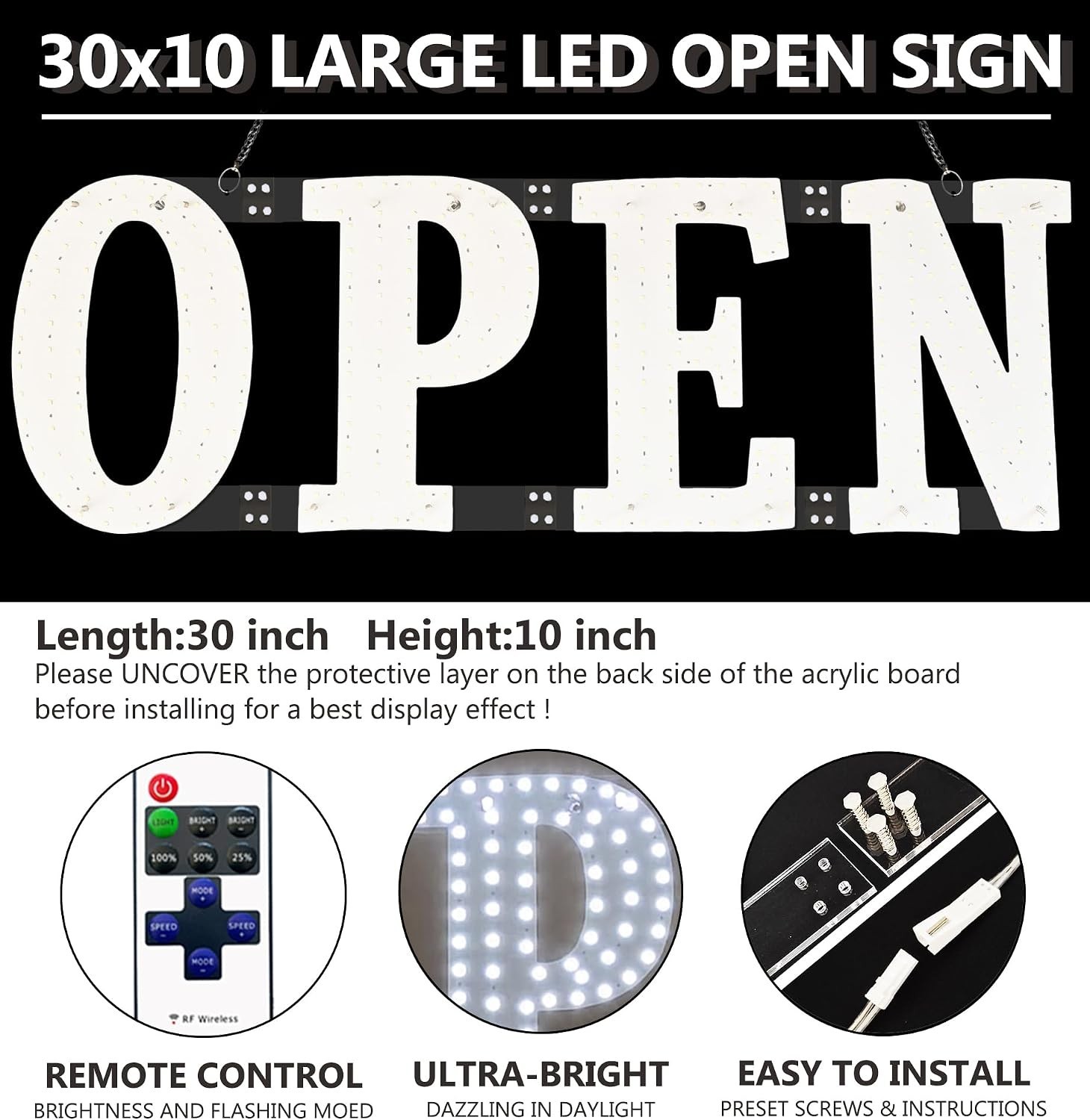 Open Signs for Business,30×10 inch Ultra Bright Open Sign Led for Window Wall Do