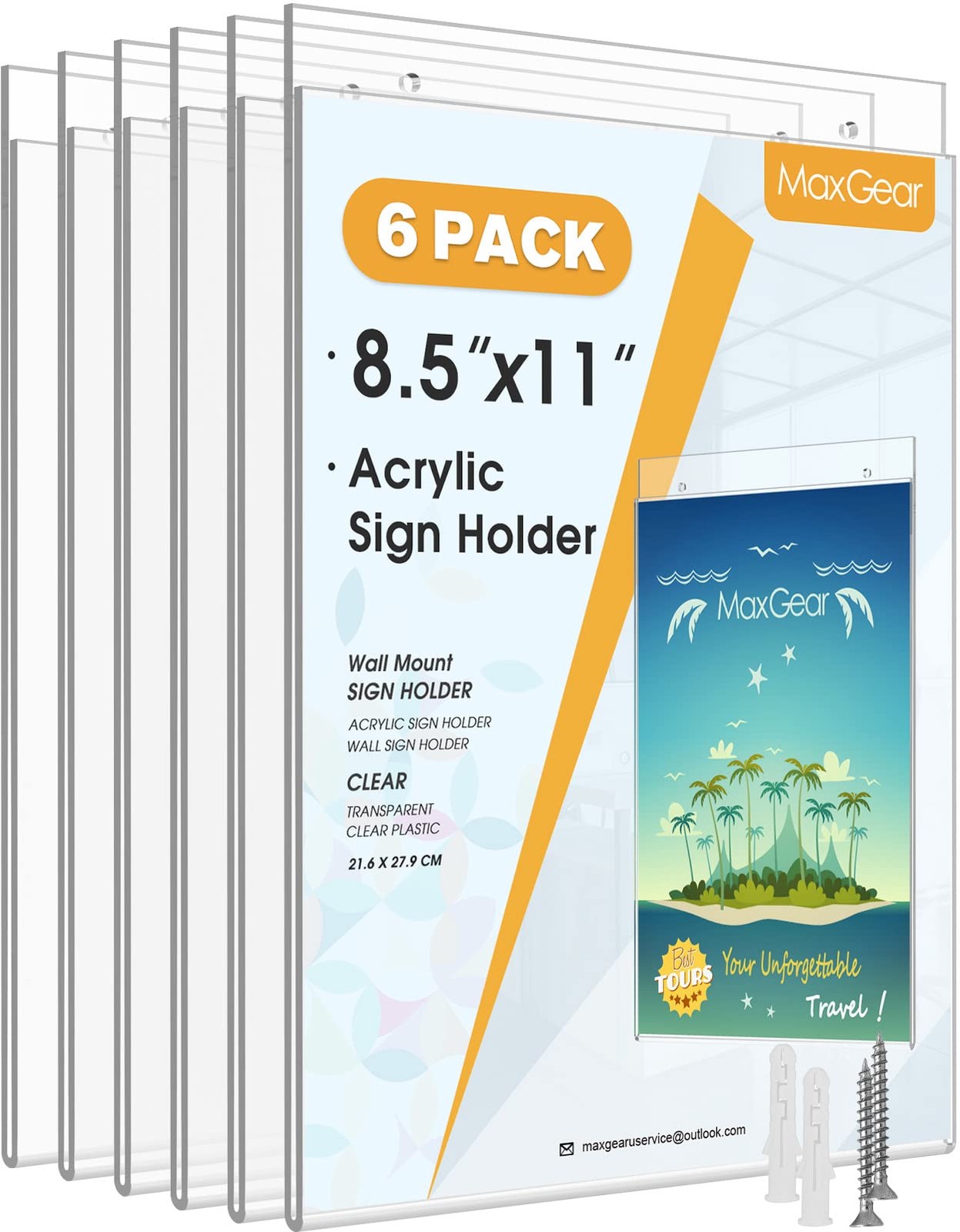MaxGear 6 Pack Wall Mount Sign Holder 8.5 x 11, Clear 8.5×11 inch,