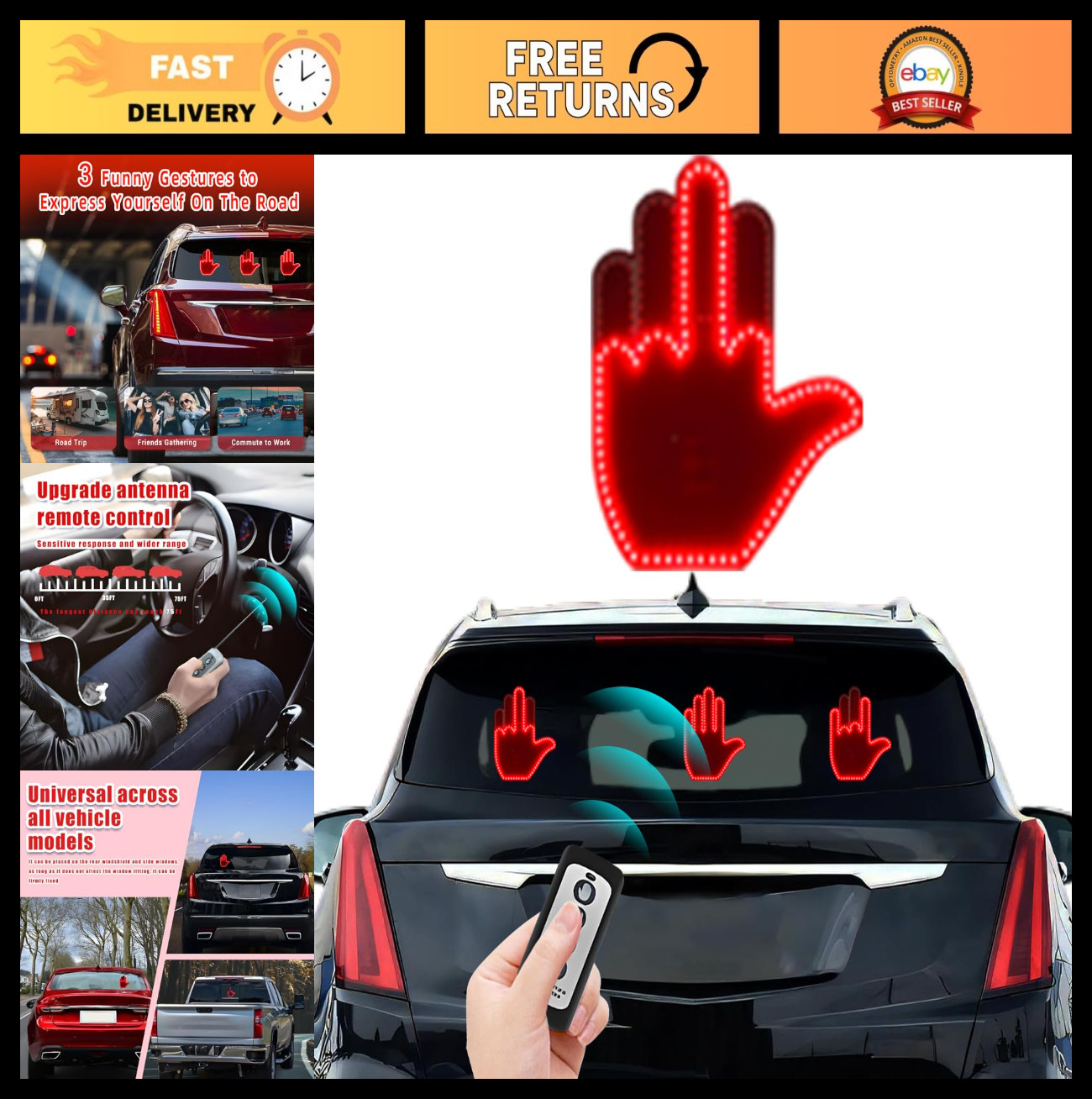 LED Middle Finger Car Light – Funny Gesture Sign for Rear Window, Remote Control