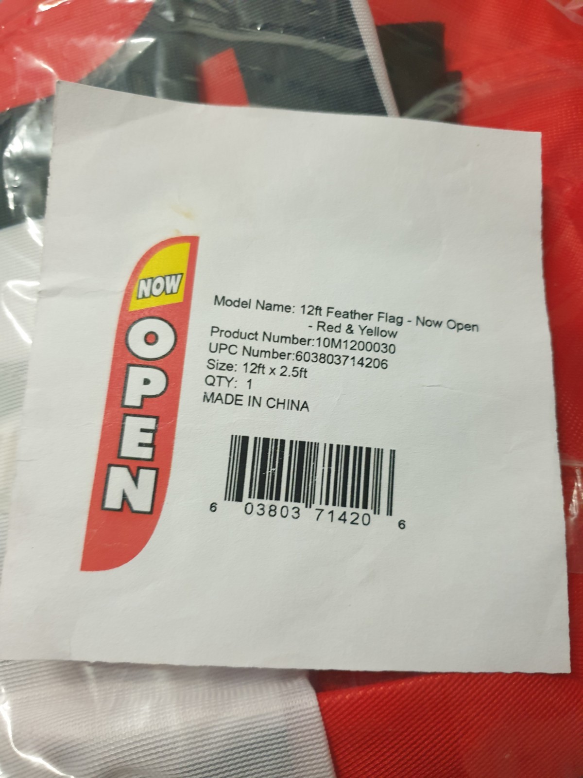 Now Open Feather Flag Red & Yellow Outdoor Advertising 12ft X 2.5ft /No Hardware