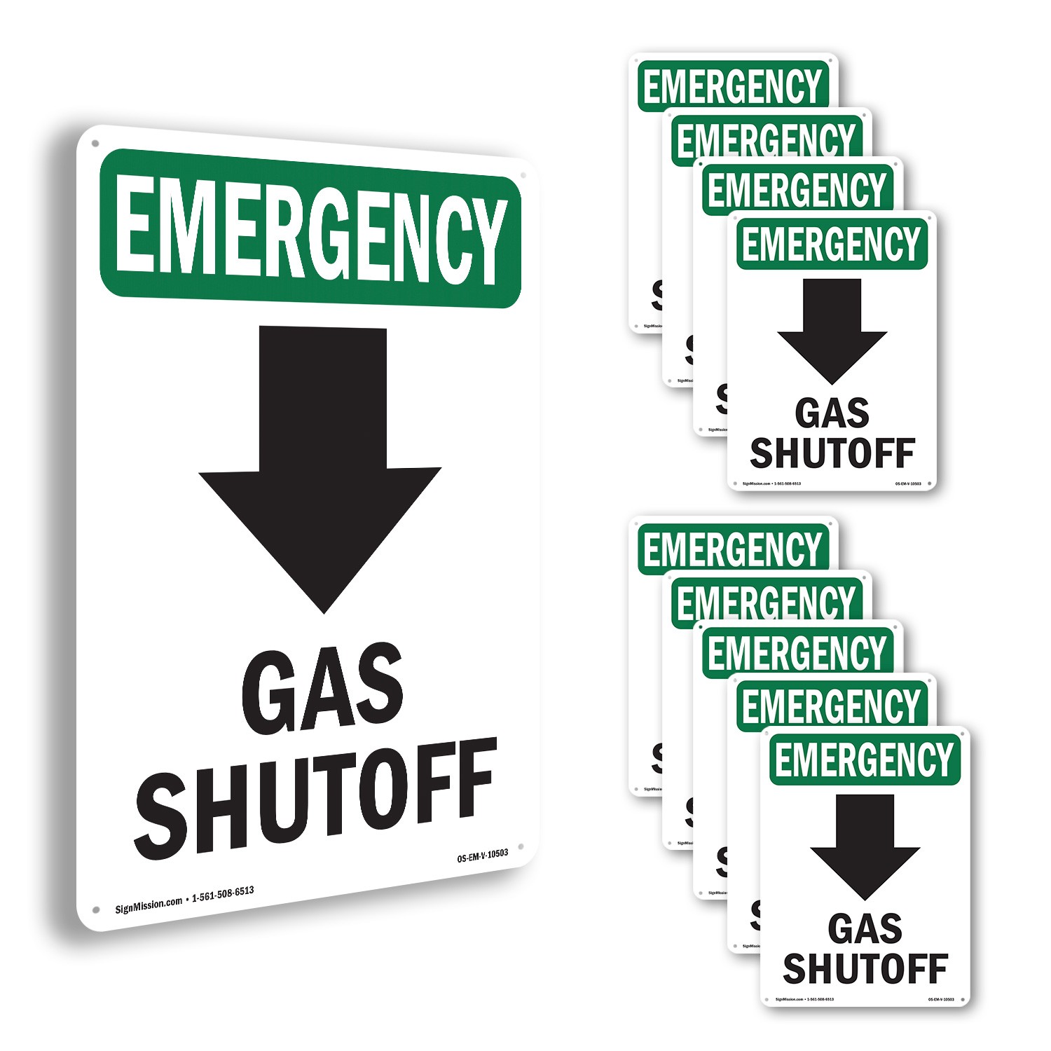 Gas Shutoff [Down Arrow] With Symbol OSHA Emergency Sign Or Decal – 5 or 10 Pack