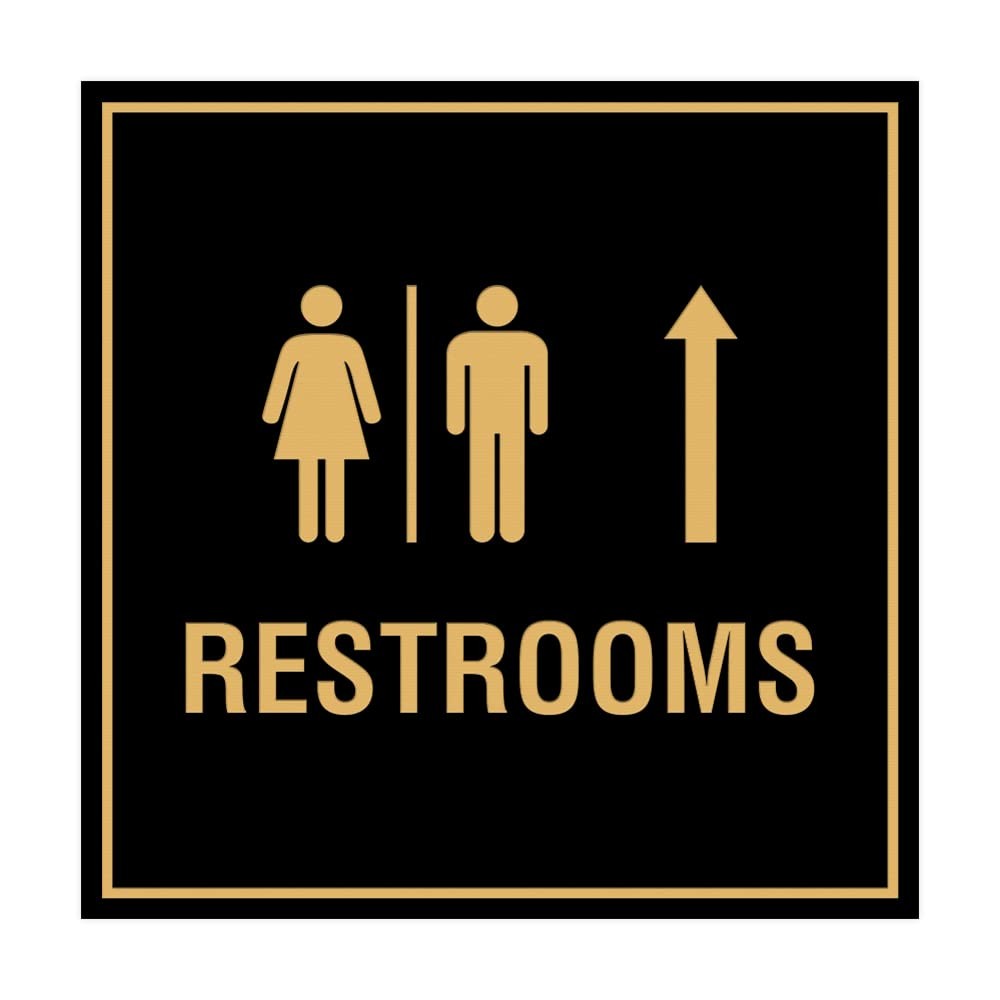 1 Pcs Square Restrooms Up Arrow Sign Black Gold Large Size Commercial Decor