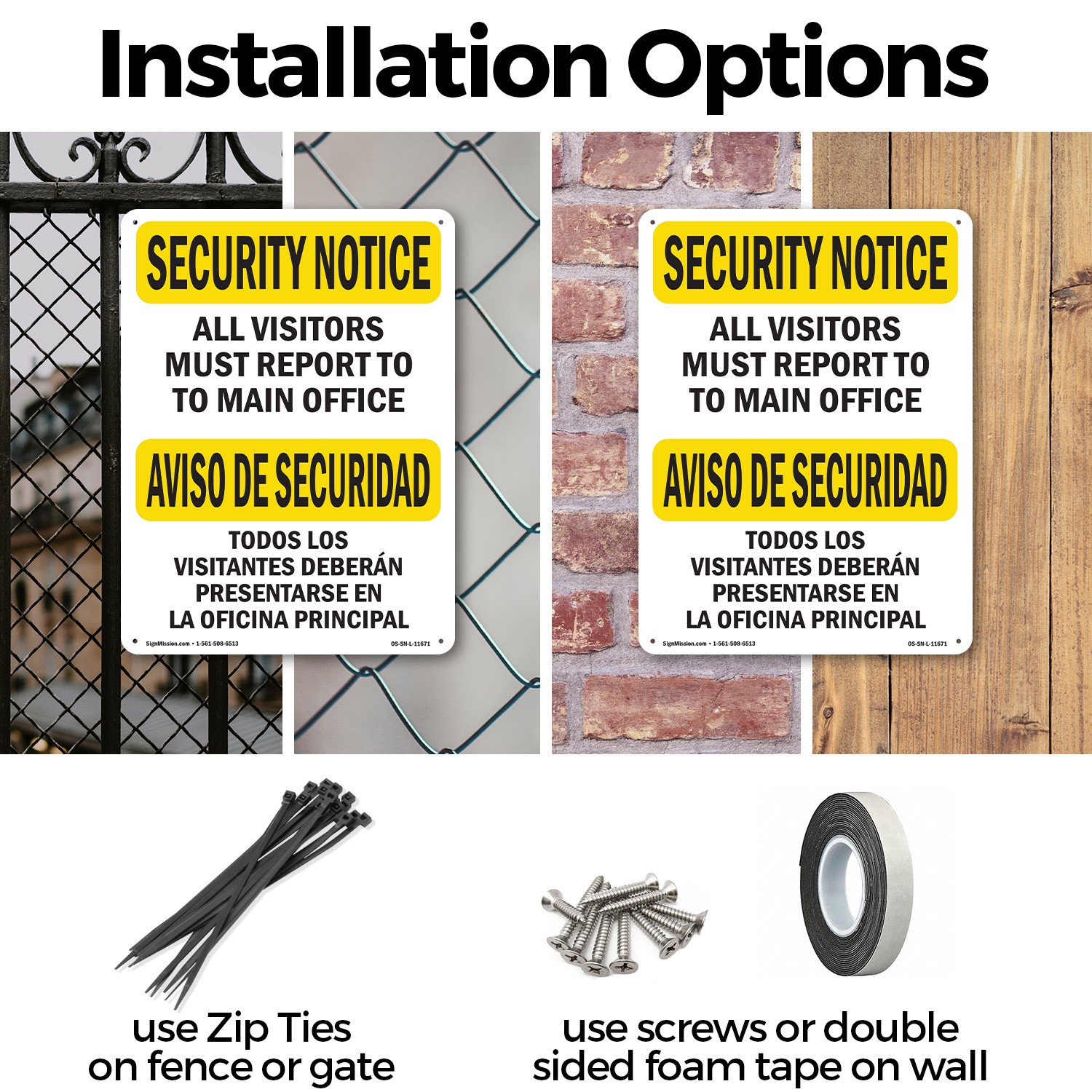 Visitors Must Report Bilingual OSHA Security Notice Sign Or Decal – 5 or 10 Pack