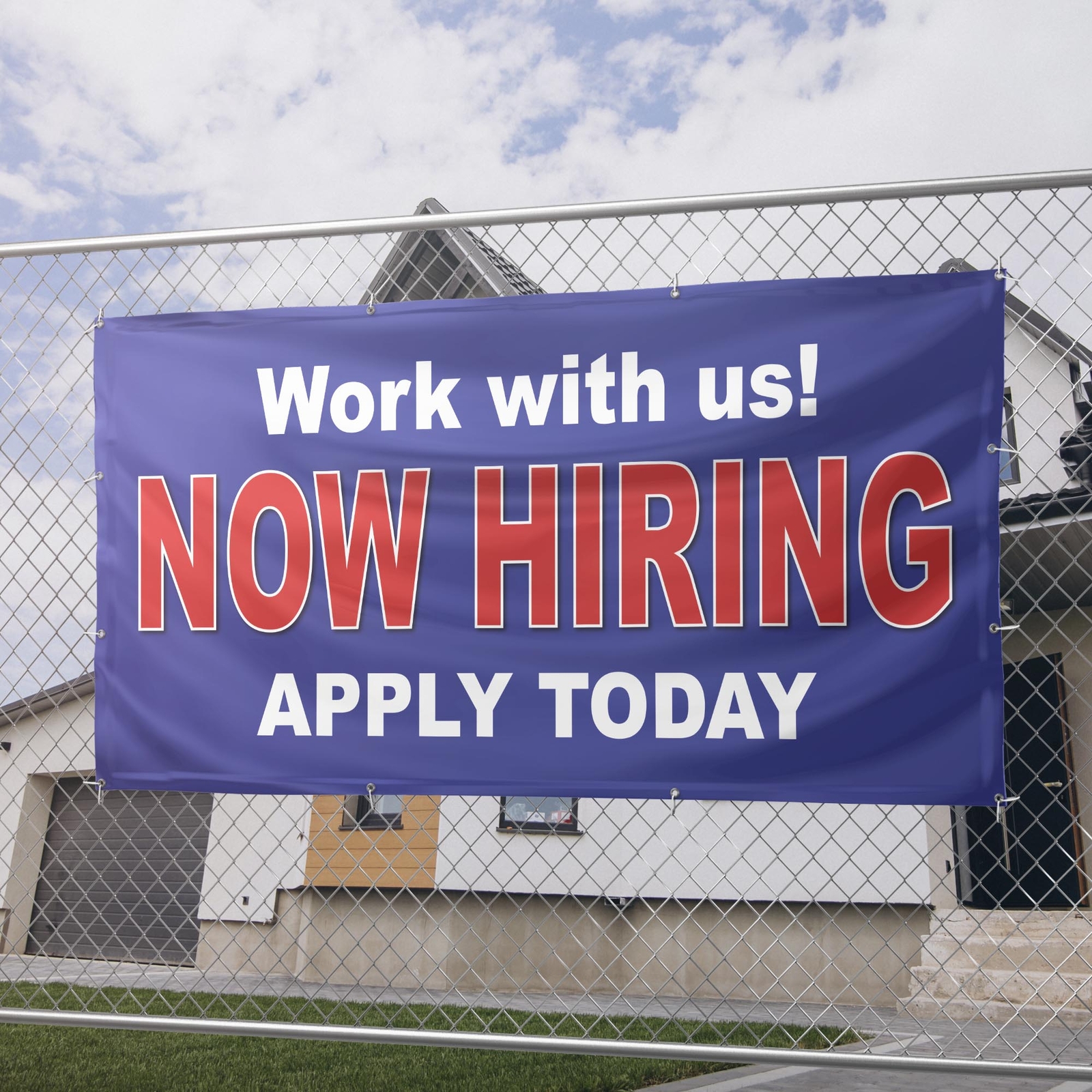 Now Hiring Work with us! Apply Today 13 oz Heavy Duty Vinyl Banner Help Wanted