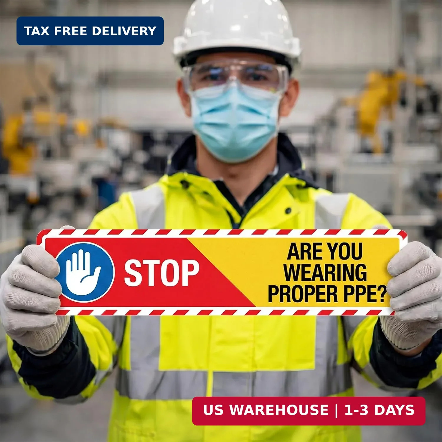 5 PCS Stop Are You Wearing Proper PPE Sign – 26″ x 6″ PPE Required Floor