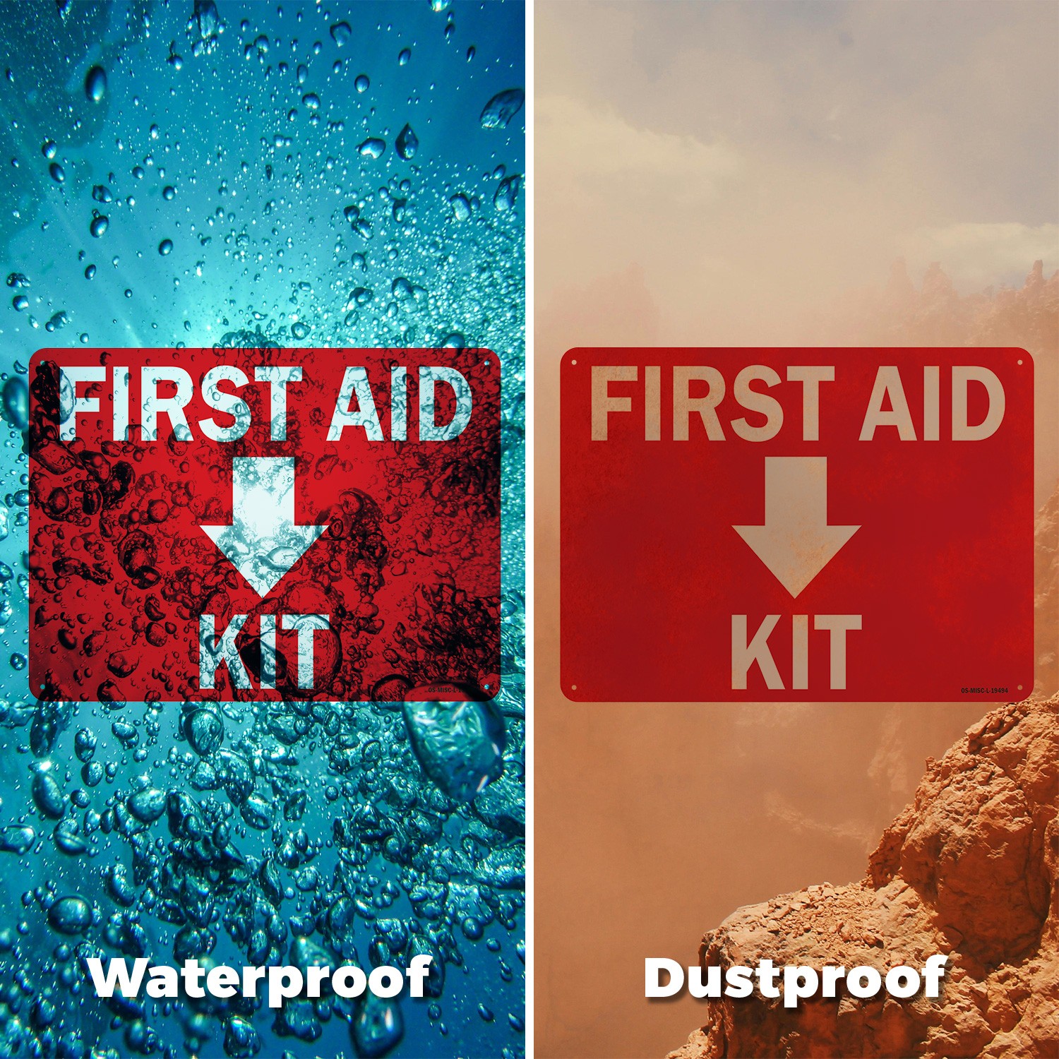 First Aid Kit with Down OSHA Sign Metal, Plastic, Or Decal – 5 or 10 Pack
