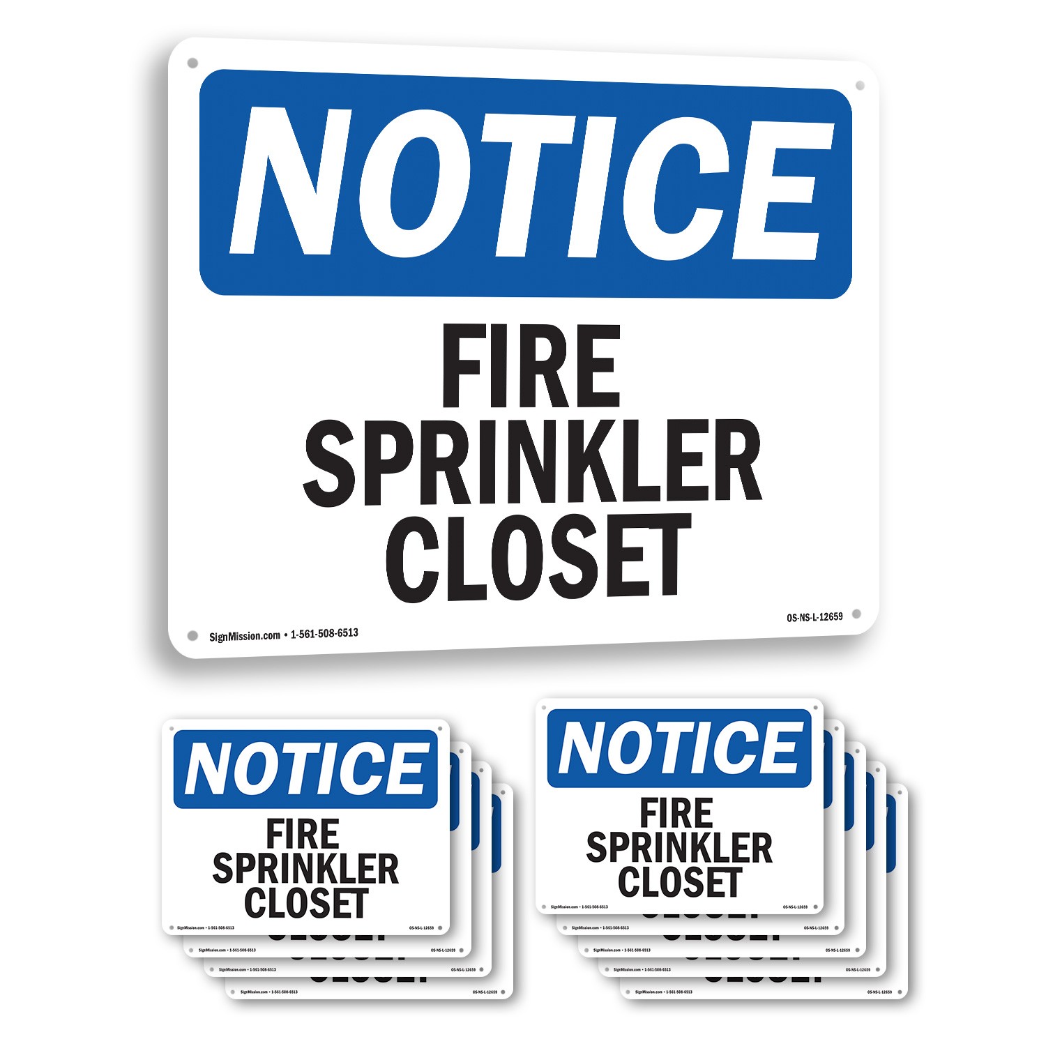 Fire Sprinkler Closet OSHA Notice Sign Metal, Plastic, Or Decal – 5 or 10 Pack
