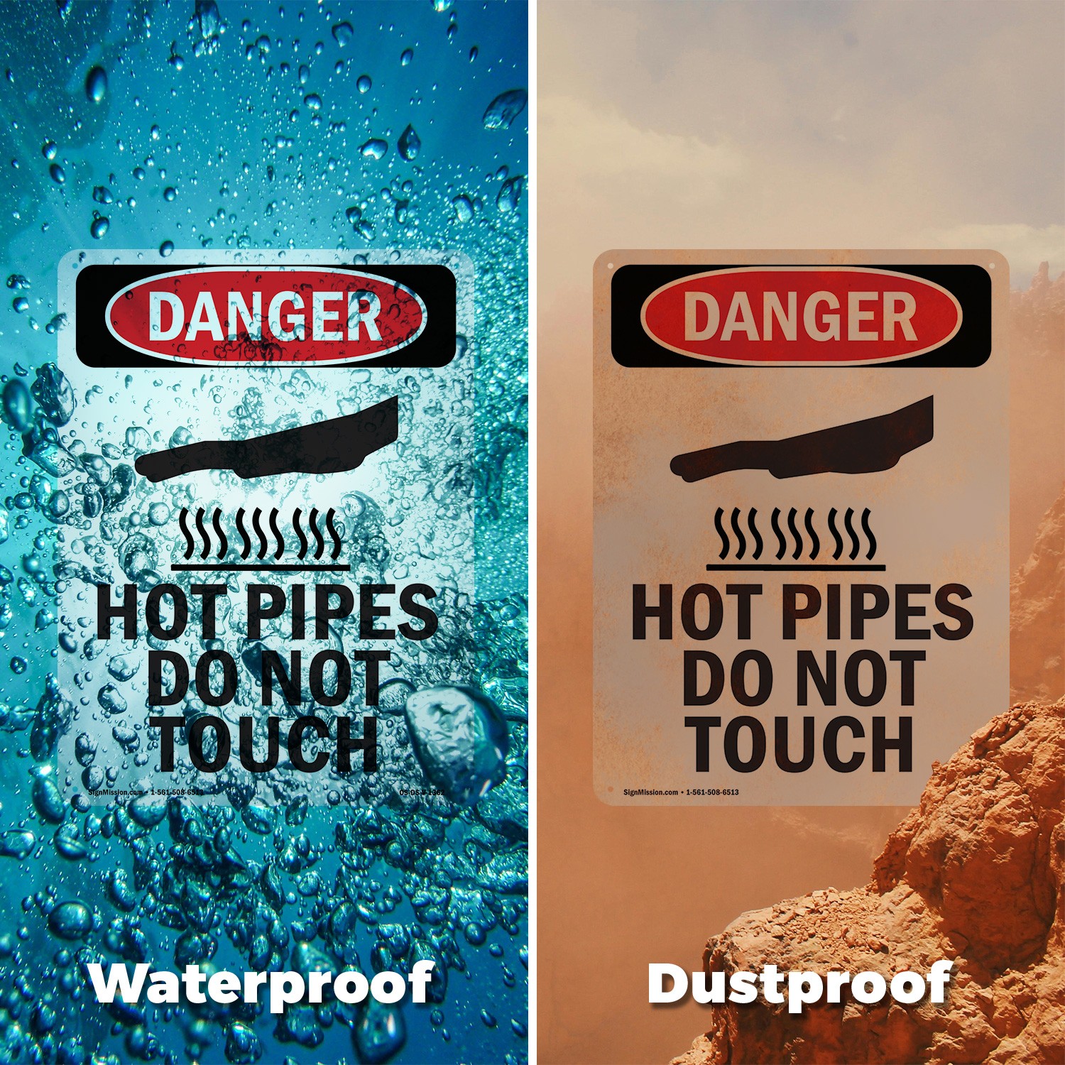 Hot Pipes Do Not Touch OSHA Danger Sign Metal, Plastic, Or Decal – 5 or 10 Pack