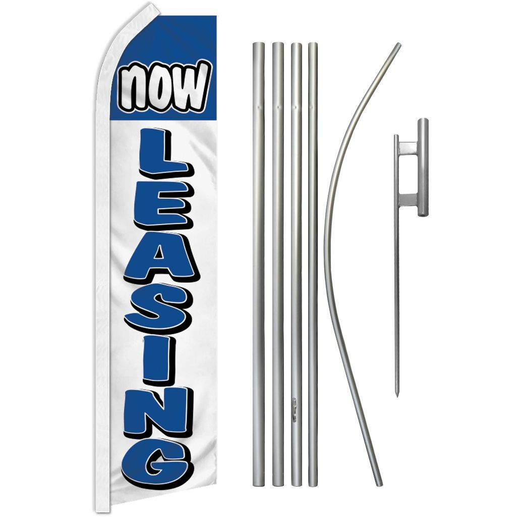 “NOW LEASING” Advertising Super Flag & Pole Kit for lease rent rental buy blue