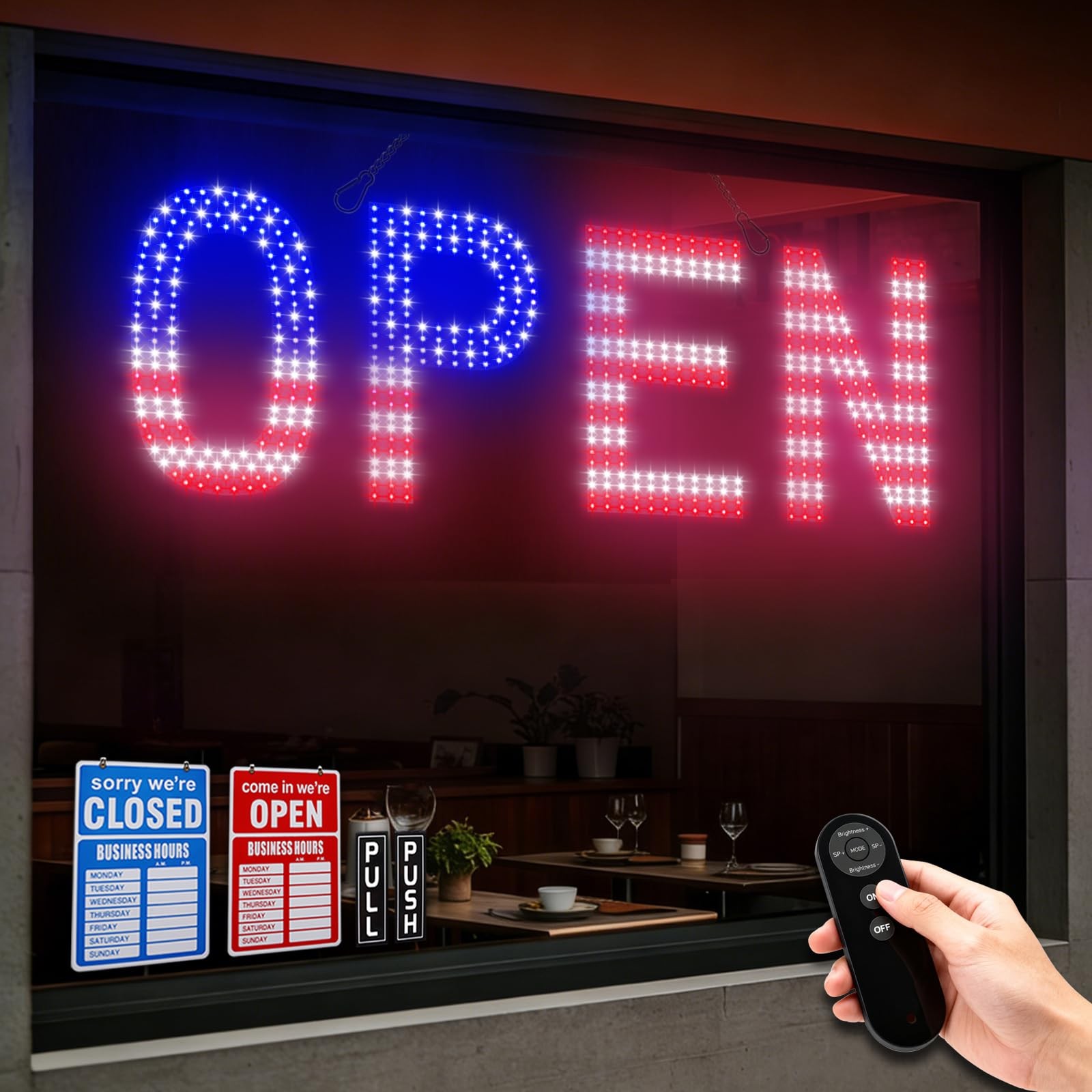 LED Open Sign 30″x10″ US Flag with Remote, 12 Scene Modes, Light Dimmable
