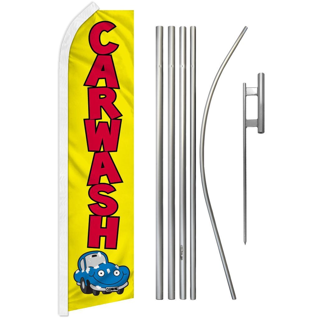 “CAR WASH” Advertising Super Flag & Pole Kit auto carwash detail wax yellow