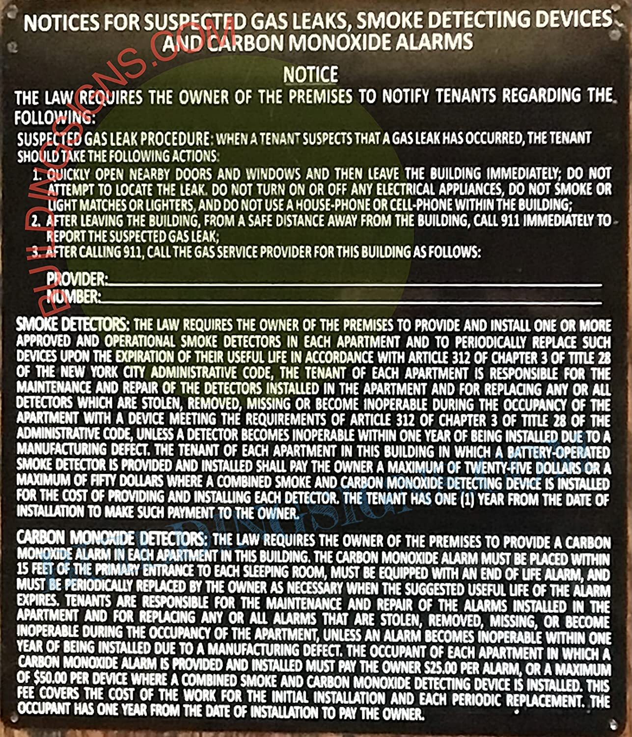 HPD Sign Notice for Suspected Gas Leaks, Smoke Detecting-REF24-1027