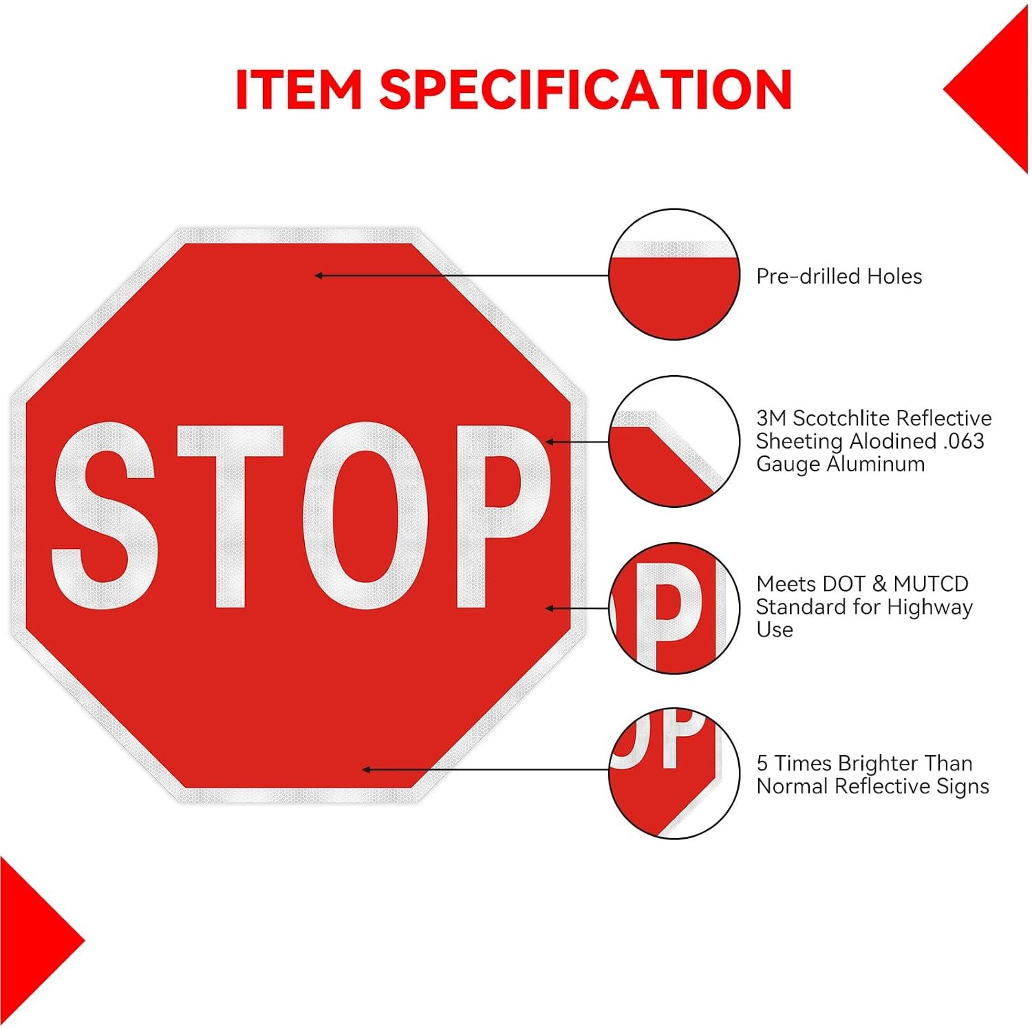 Stop sign, 12 x 12 inch octagonal high strength aluminum reflective panel, water