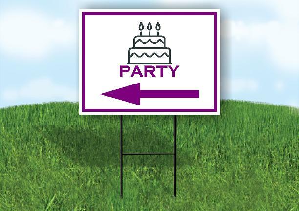 PARTY CAKE PURPLE ARROW LEFT Yard Sign Road with Stand LAWN SIGN Single sided