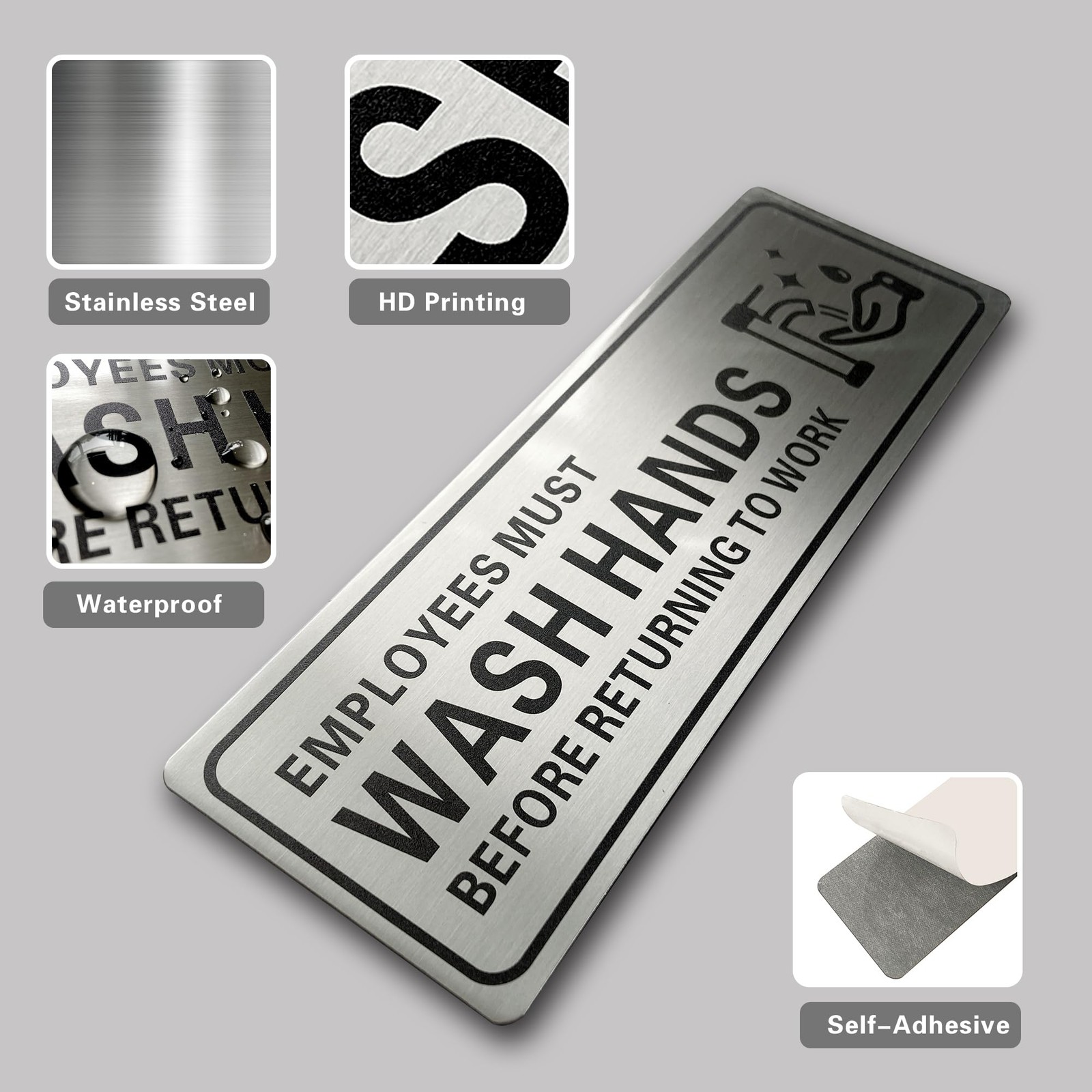 1-PC 9×3 Employees Must Wash Hands Sign Stainless Steel, Self Adhesive, Metal