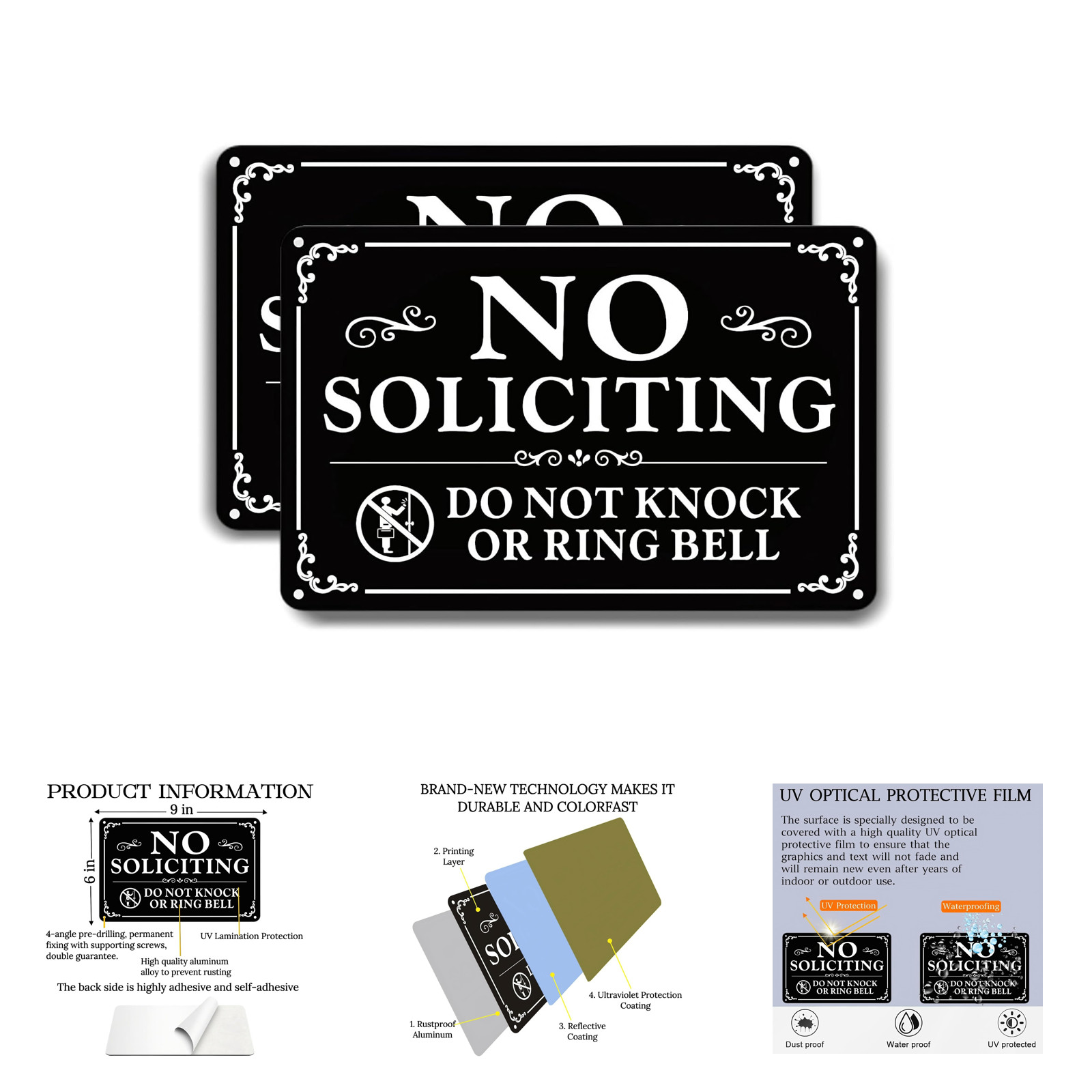 No Soliciting Sign Aluminum 9×6 Inches Weatherproof Rustproof Fade Resistant for