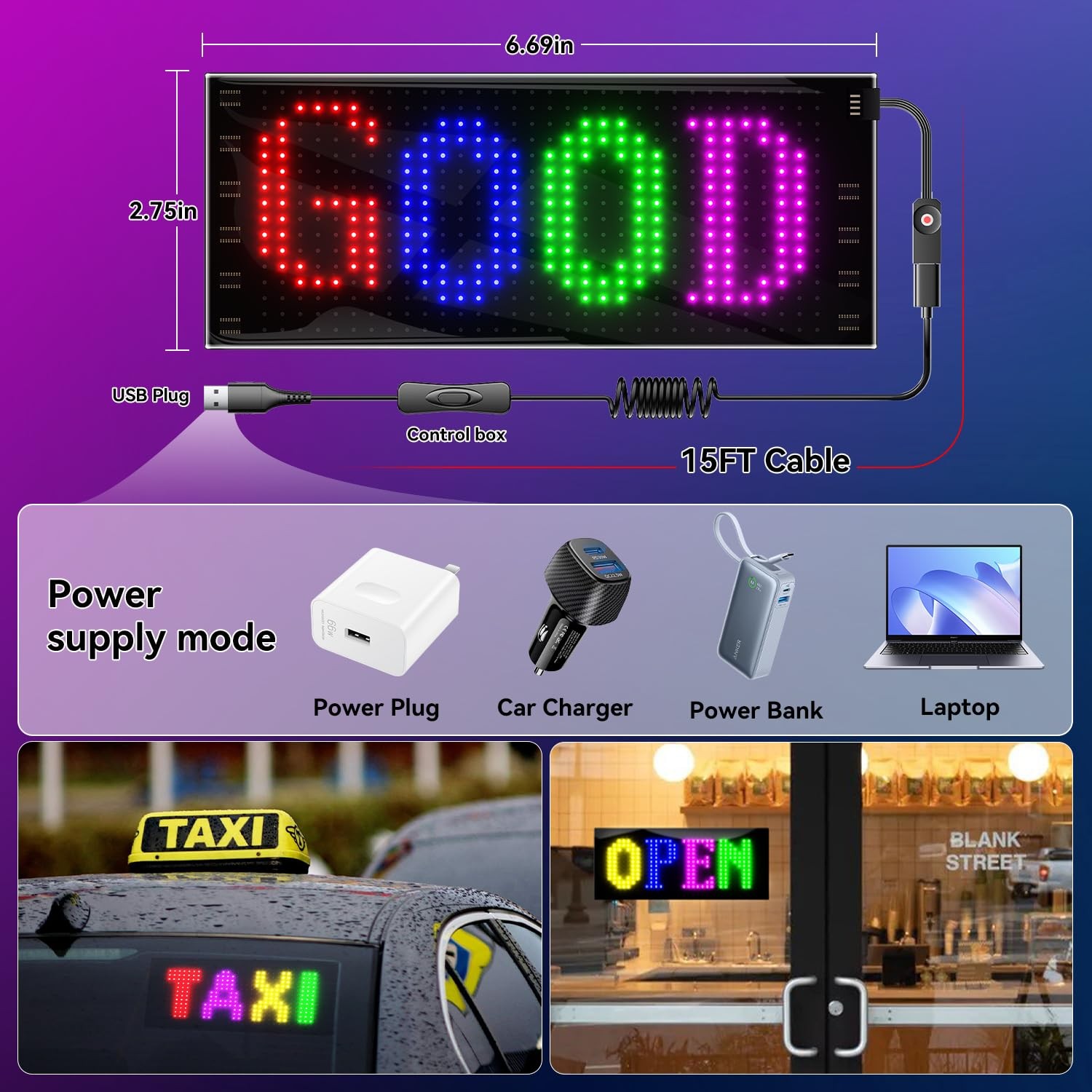 NEMGOME Programmable LED Car Sign 7”x3”