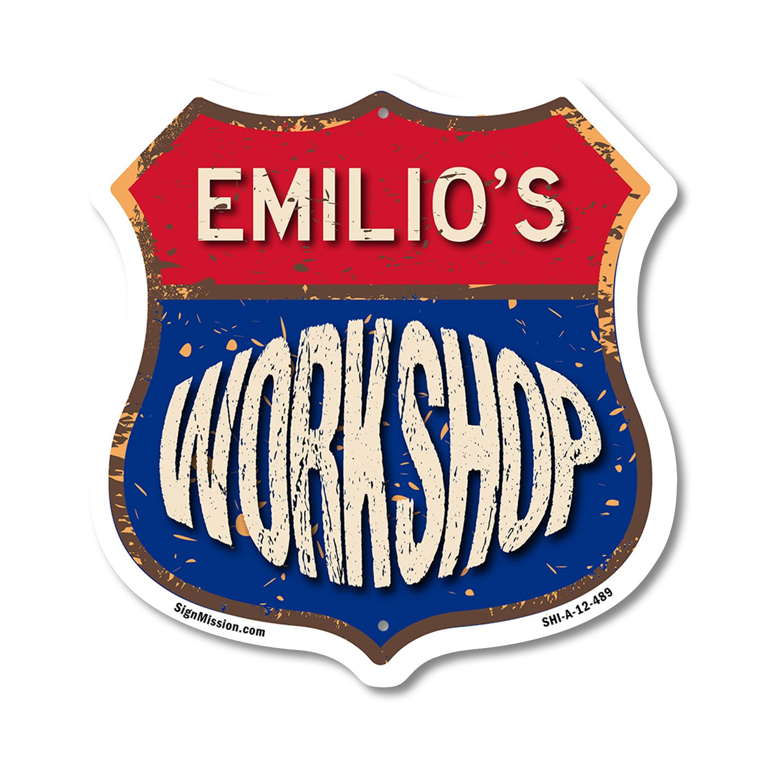 Emilio’s Workshop Shield Shaped Sign Weather Resistant Crafted in the USA