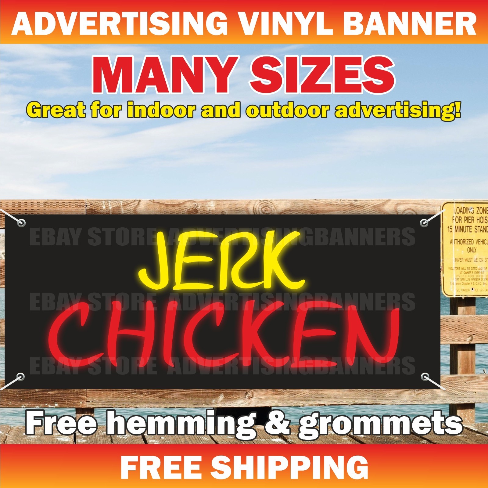 JERK CHICKEN Advertising Banner Vinyl Mesh Sign AUTHENTIC JAMAICAN CUISINE