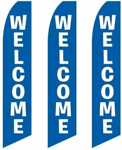 3 (three) Pack Tall Swooper Flags Welcome Blue With White Text