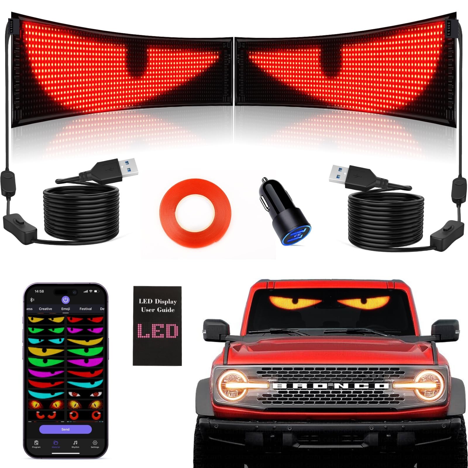 Rayhome 2-Pack Full-Color Programmable Devil Eyes LED Car Window Signs