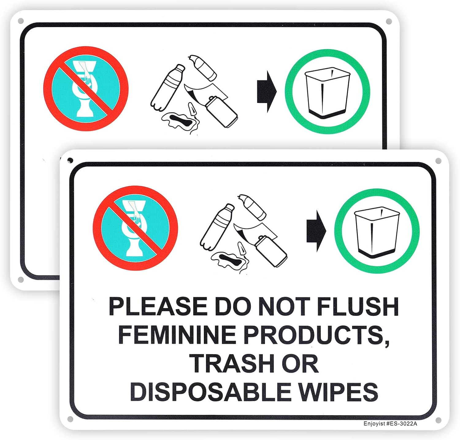 2-Pack Please Do Not Flush Feminine Products, Trash or Disposable Wipes Sign，10″