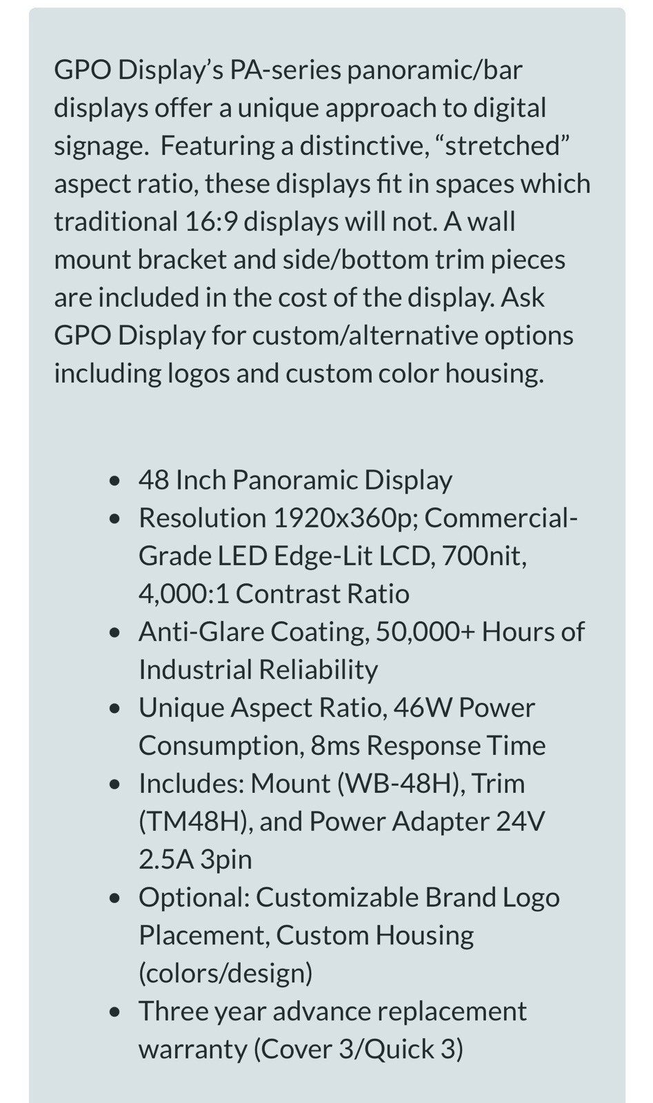 GPO 48” Panoramic Display W/RS232 Part # PA48H-P