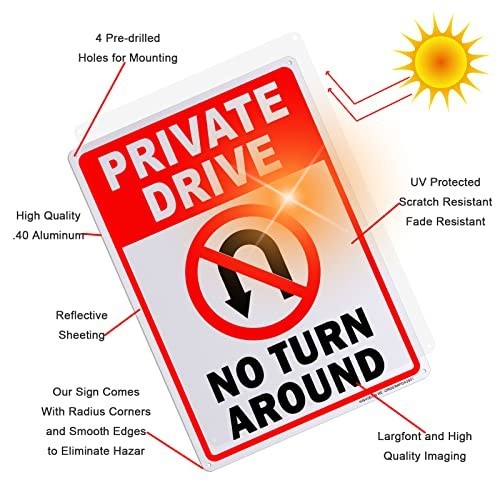 2 Pack Private Drive No Turn around Sign, 10″ X 14″ Driveway Signs No Turnaround