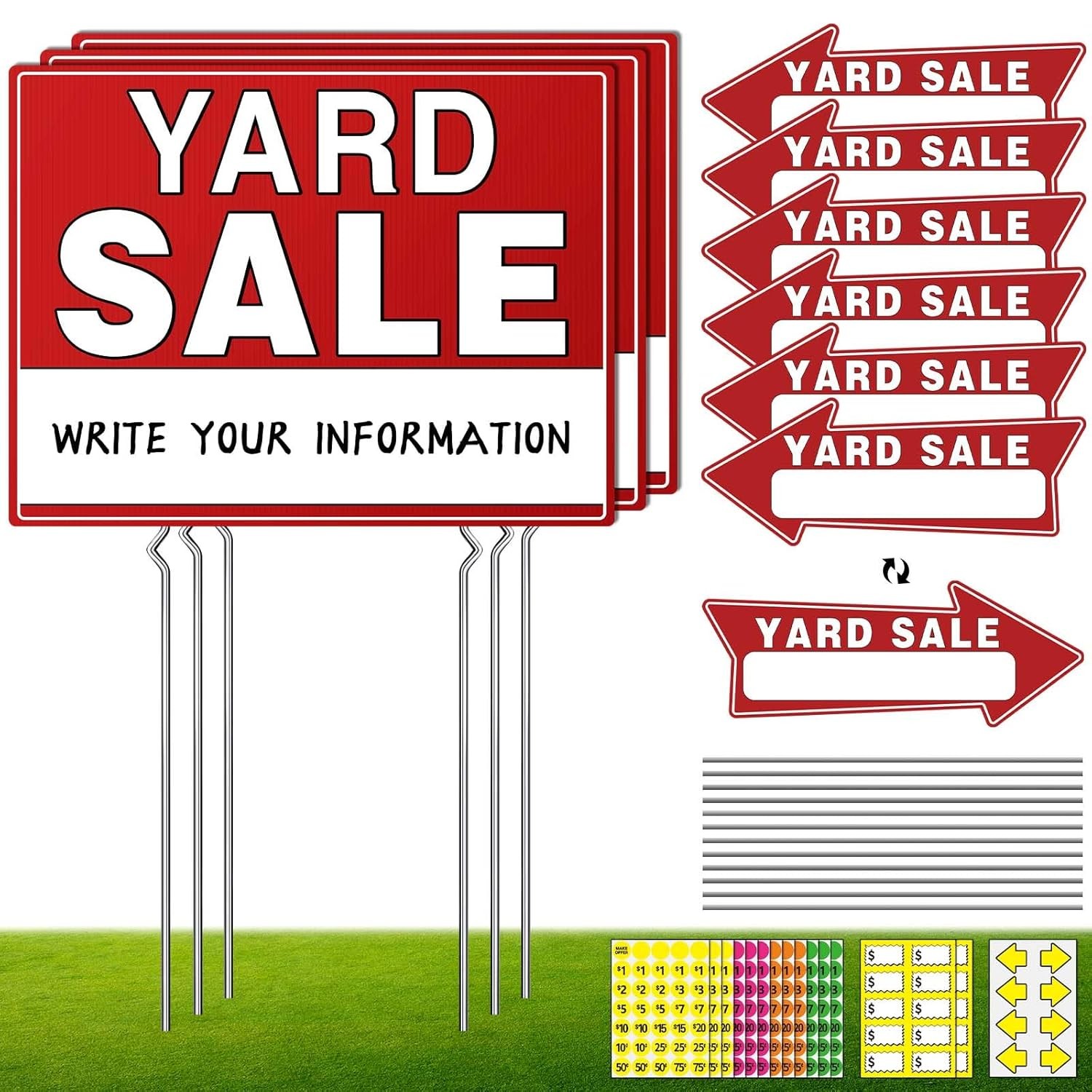 Yard Sale Signs Double Sided 17″ x 13″ Metal Stake Pricing Stickers Included
