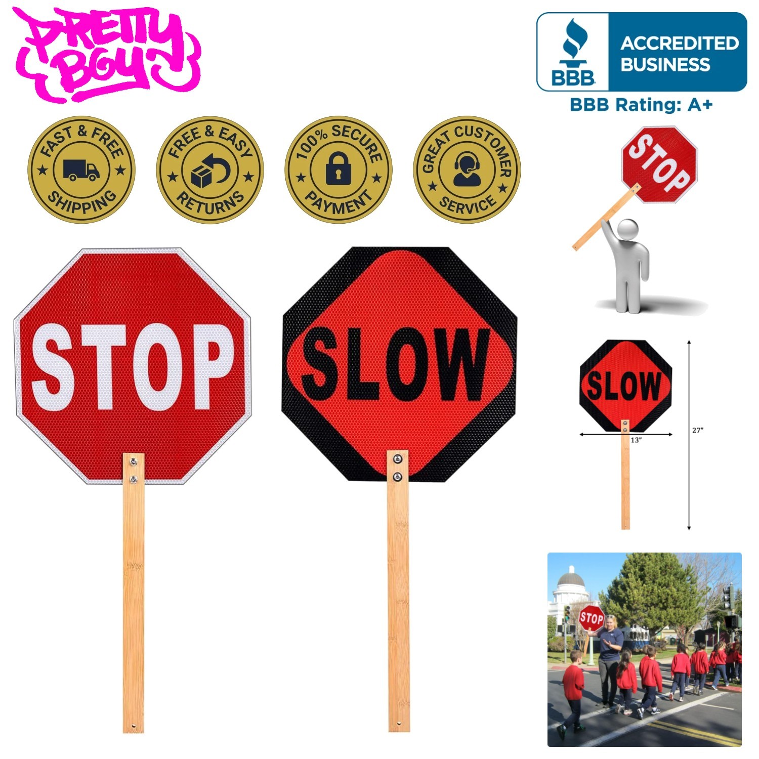 Portable Aluminum Handheld Stop Slow Sign, 13 Inch with Sturdy Bamboo Handle