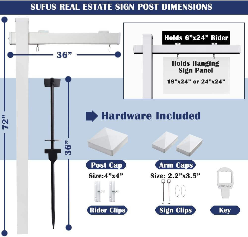 6FT Vinyl Real Estate Realtor for Sale Yard Sign Post, White 2-Pack | Durable Vi