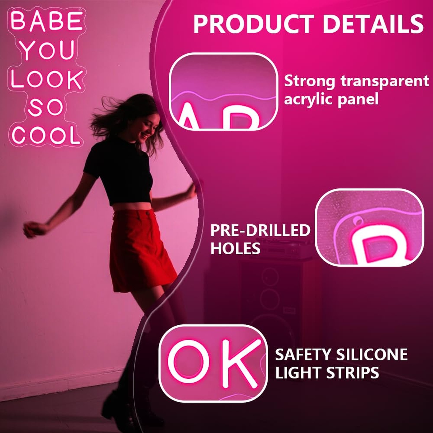 Babe You Look So Cool Neon Sign,Pink Dimmable LED Light Signs for Wall Art De…