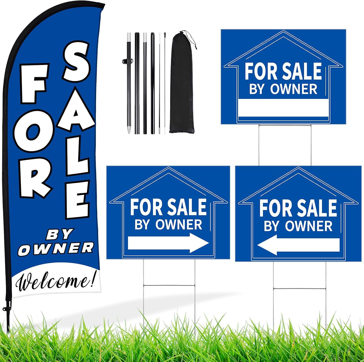For Sale by Owner Sign Set 1 Pack for Sale by Owner Flag 3 Pack Double Blue