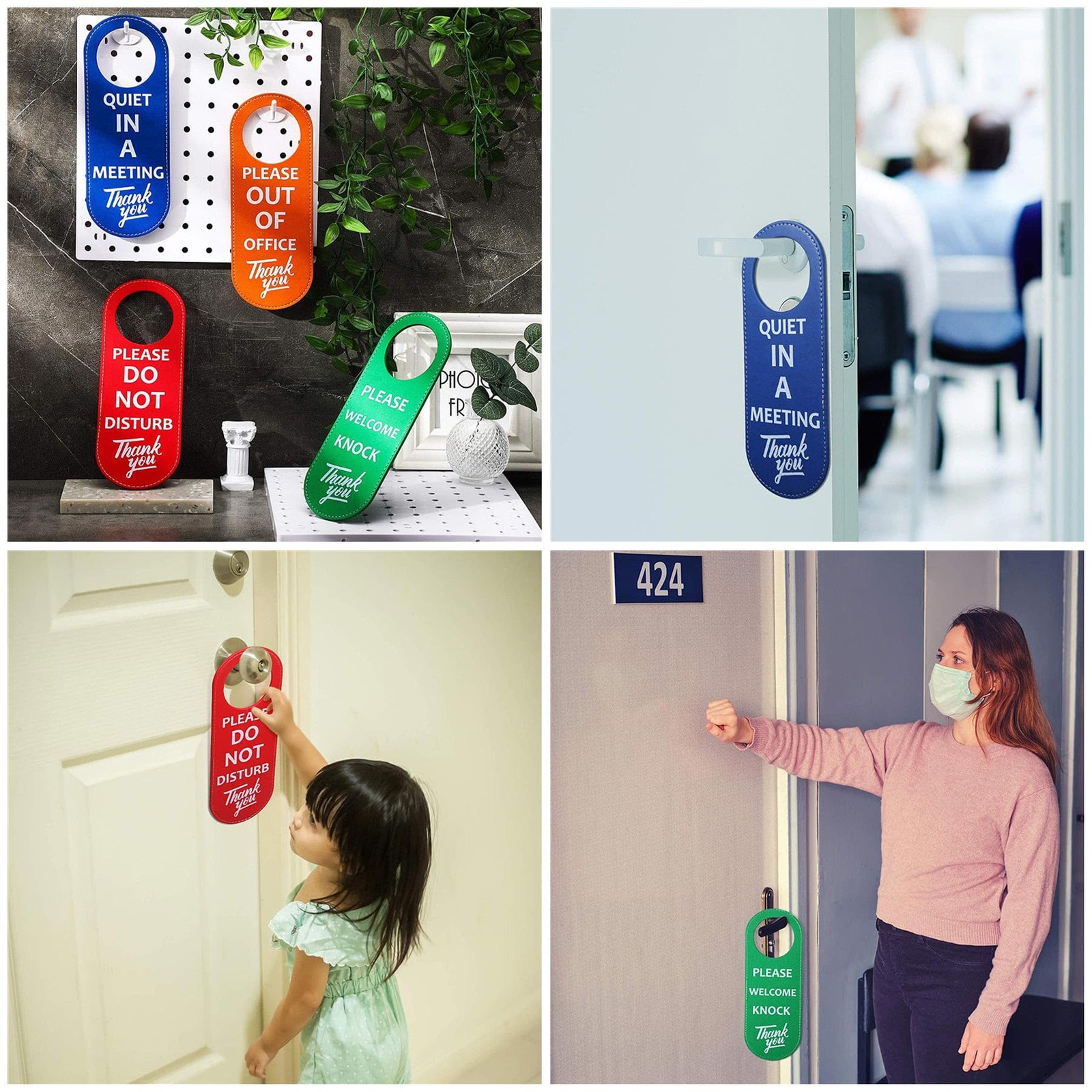 2 PCS PU Leather Door Hanger Sign Green Welcome Red Do Not Disturb 8.86×3.35