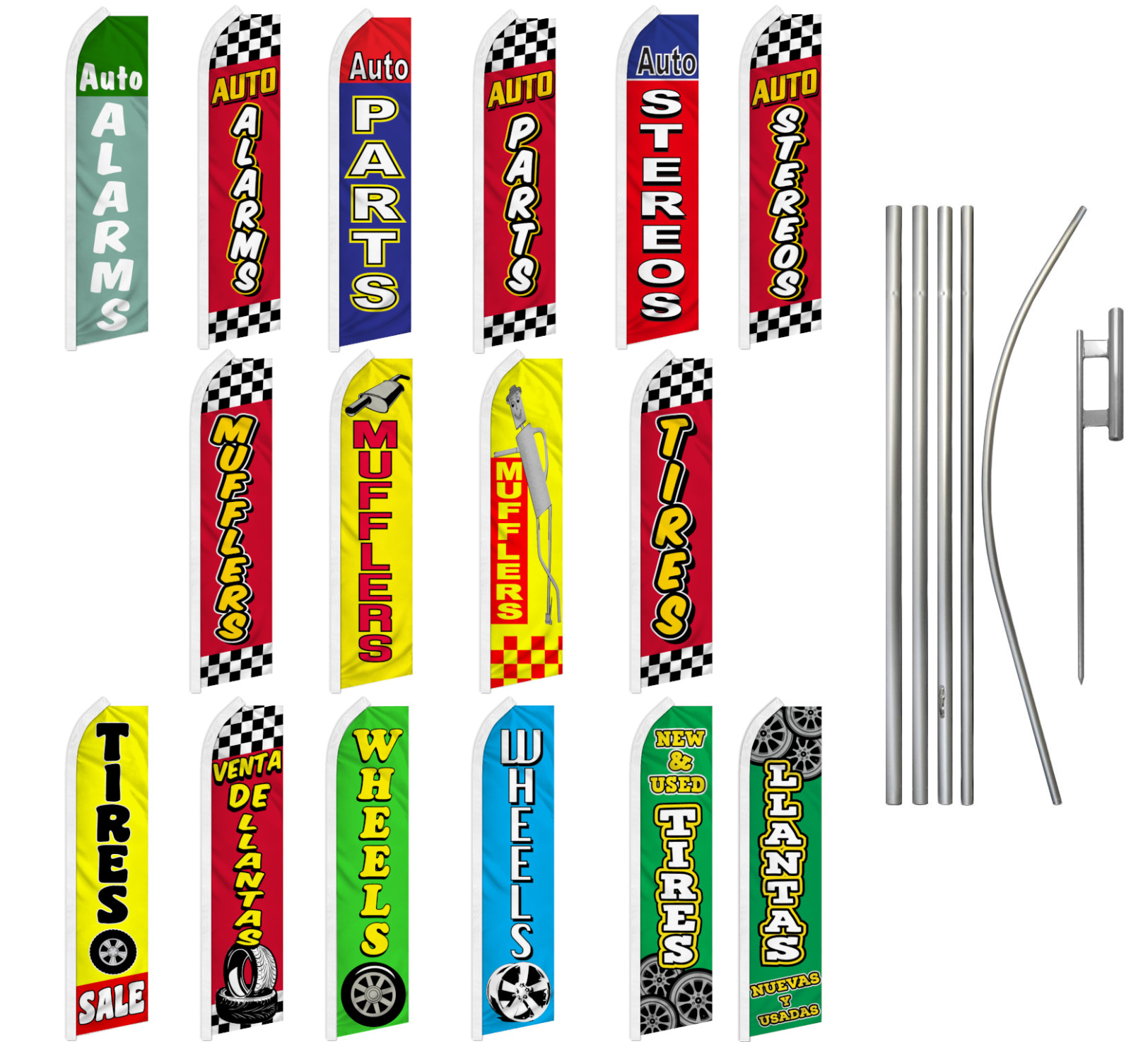 Auto Parts Advertising Swooper Flutter Feather Flag Kit Mufflers Tires Stereo