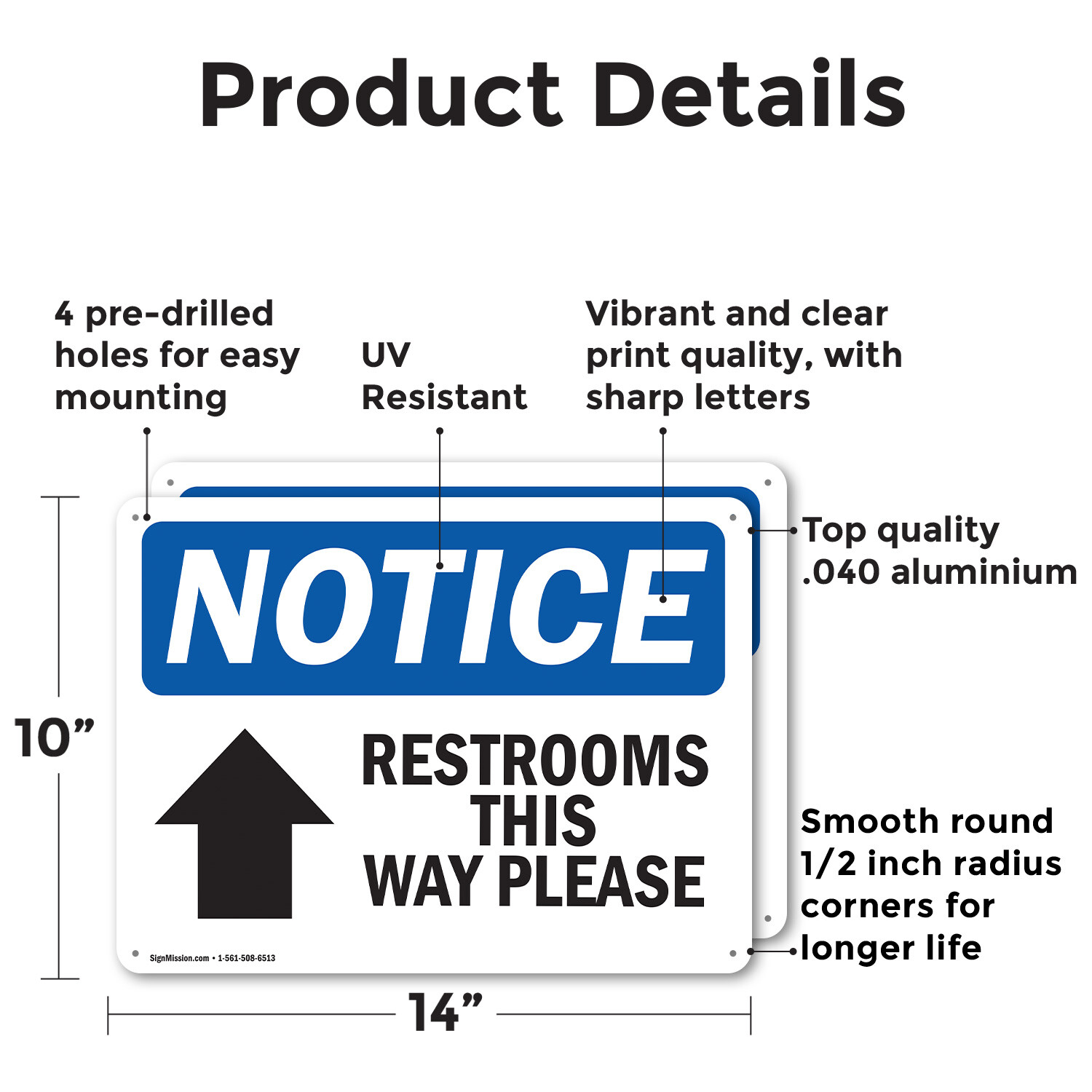 (2 Pack) Restrooms This Way Please [Up Arrow] OSHA Notice Sign Decal Metal