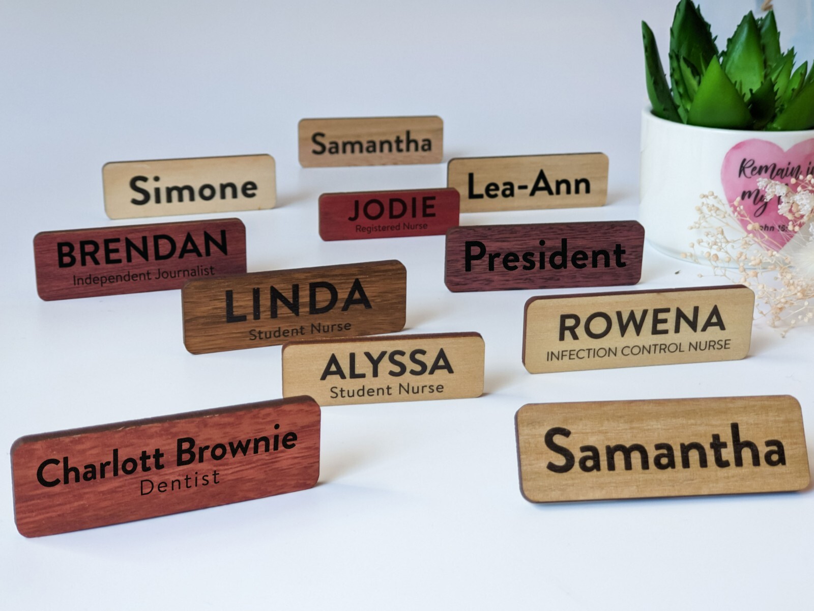 Custom Wooden Name Badge Tag Place Name Pin Fastener Magnet Staff ID