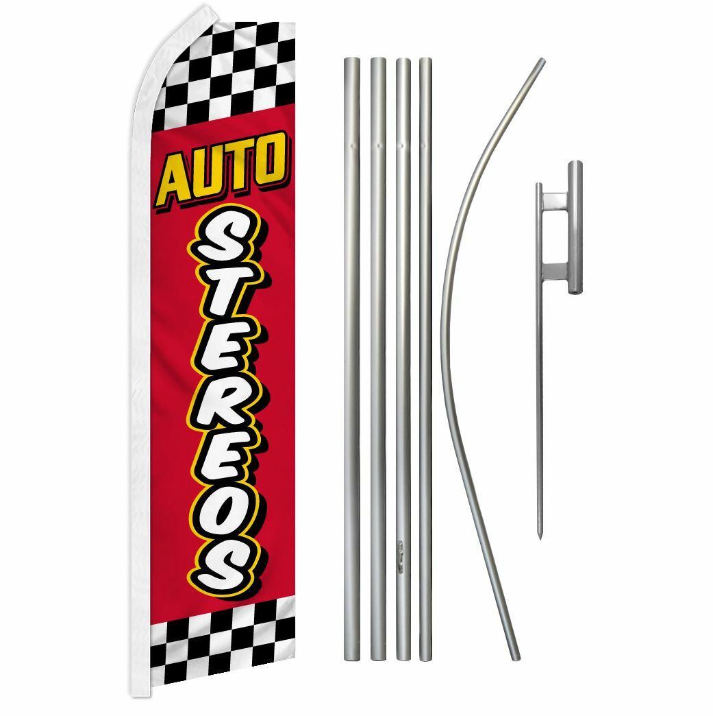 “AUTO STEREOS” Advertising Super Flag & Pole Kit car radio stereo cd dvd checker