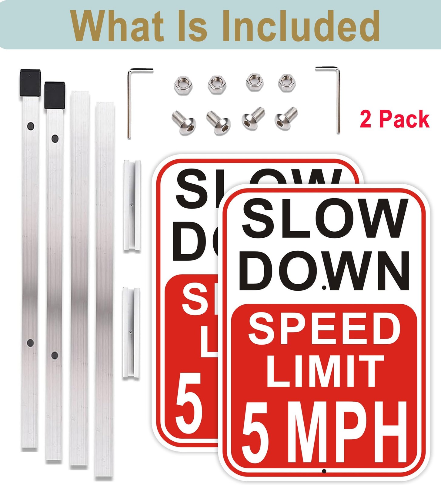 2Pack Slow Down Sign, Speed Limit 5 MPH Sign with 36″ Stakes, 14″×10″ Reflect…